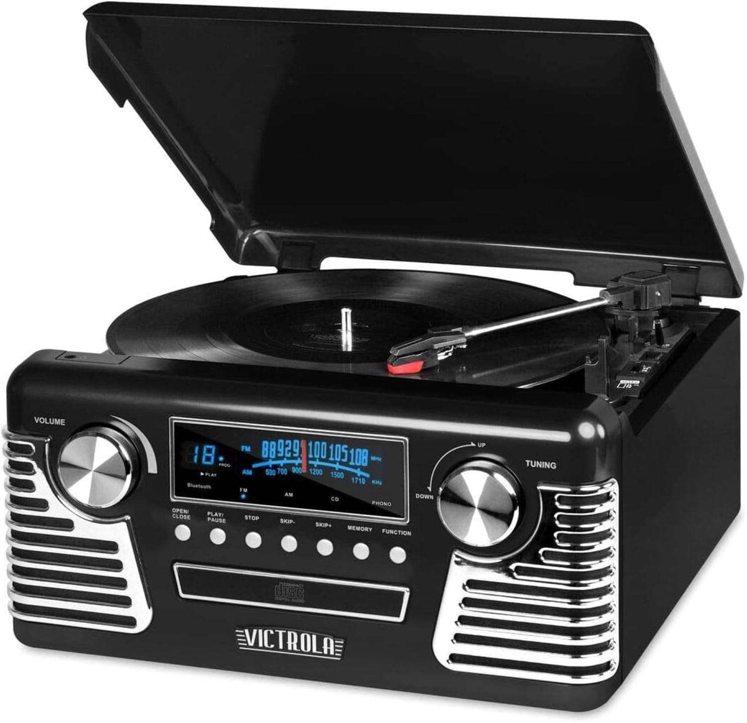 Victrola Haley Retro Bluetooth Record Player & Multimedia Center with Built-in Speakers - 3-Speed Turntable, CD Player, AM/FM Radio, 3.5mm Aux-In, Wireless Music Streaming, Black