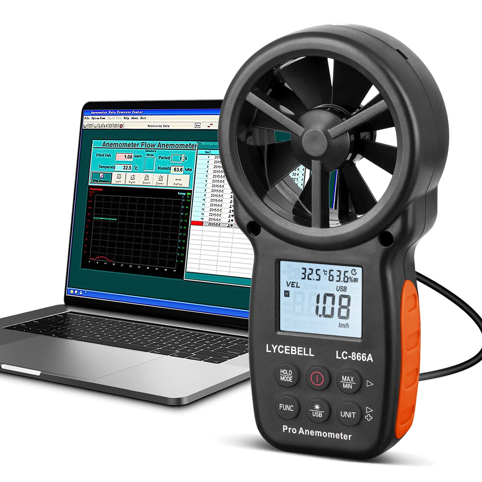 Handheld HVAC Anemometer LC-866A, Pro Digital Wind Speed Meter for Wind Velocity CFM Measuring, Air Flow Meter with USB Connection to PC, Data Hold & Backlit LCD for Balancing HVAC System