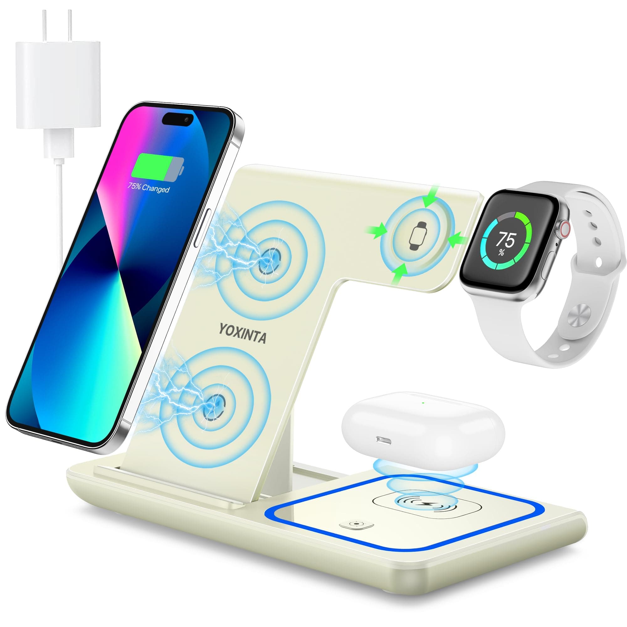 Wireless Charging Station, Charging Station for Multiple Devices, Fast Wireless Charger for iPhone 15 14 13 12 11 Pro Max/XS/XR/X/8, for Apple Watch SE 8 7 6 5 4 3 2, AirPods Pro 3 2(Golden)