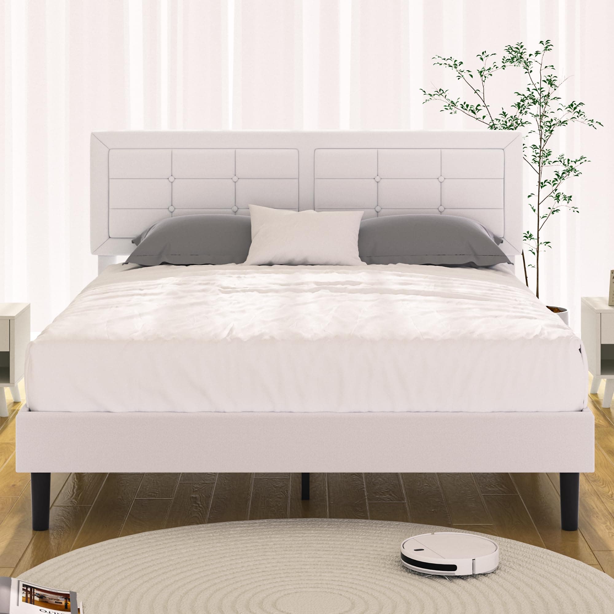 VECELO Full Size Bed Frame with Adjustable Headboard, Upholstered Button Tufted Platform Bedframe with Wood Slats Support, No Box Spring Needed, White
