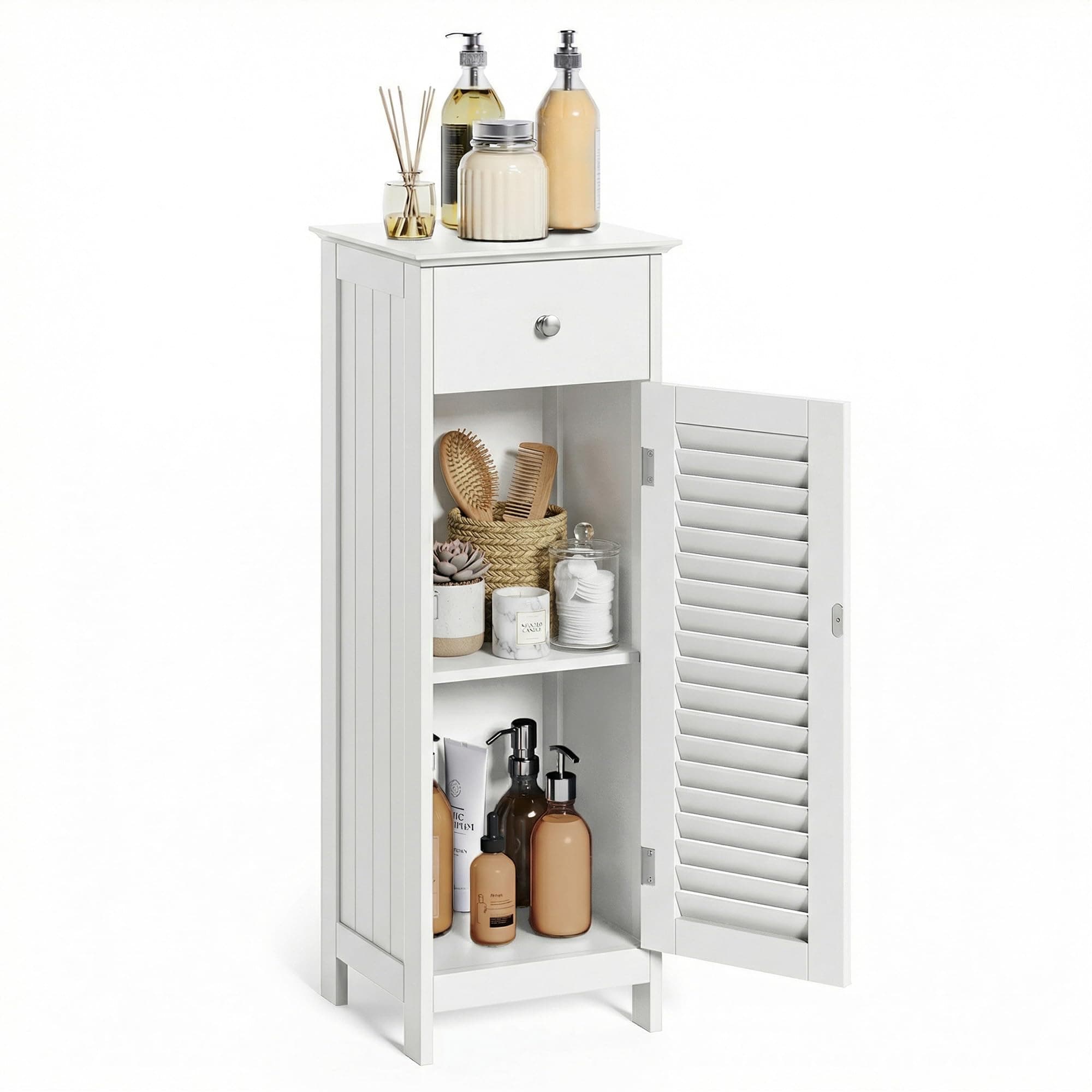 VASAGLE Bathroom Floor Cabinet Storage Organizer Set with Drawer and Single Shutter Door Wooden White UBBC43WT, MDF, 12.6"x11.8"x34.3"