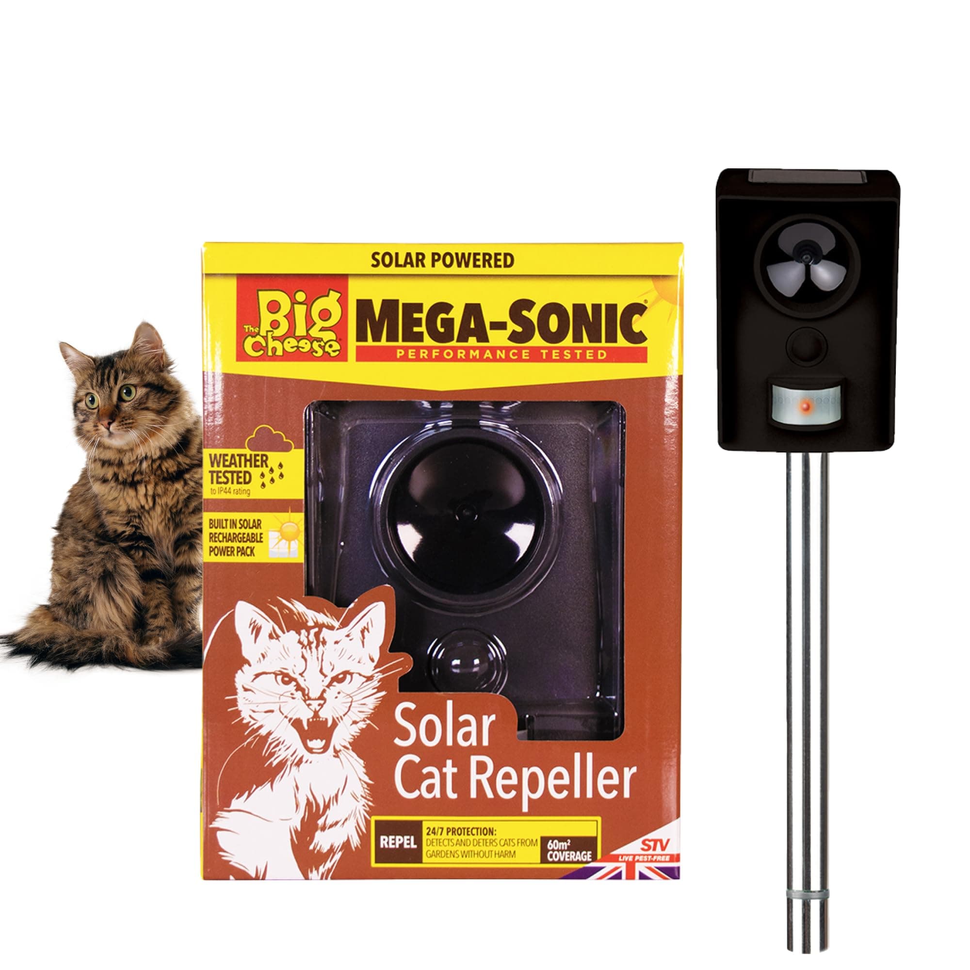 The Big Cheese Mega-Sonic® Solar Cat Repeller – Effective Humane Alternative - Professional Motion-Activated Ultrasonic Cat Repellent for Gardens UK - Outdoor Solar Powered Deterrent