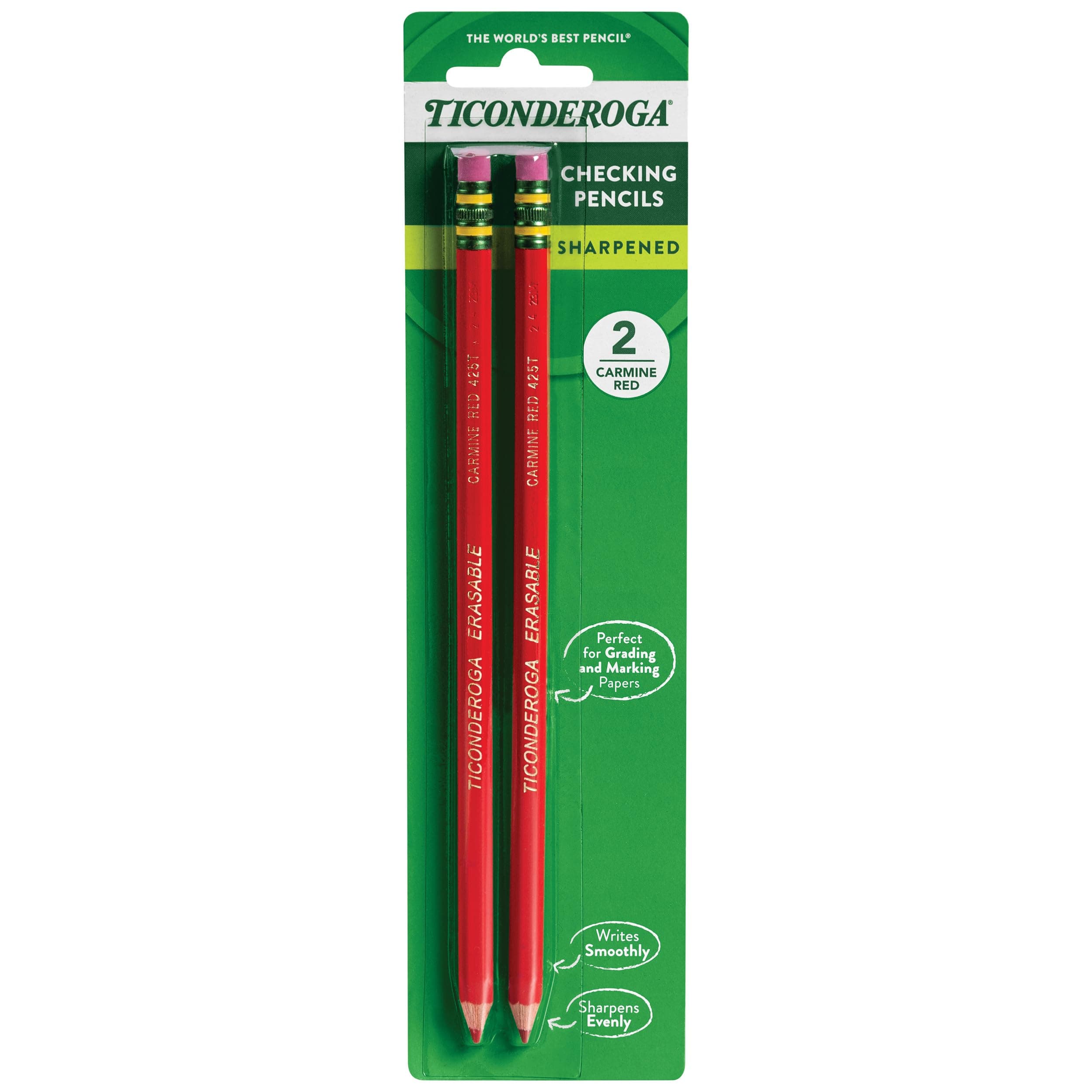 Erasable Checking Pencils, Pre-Sharpened with Eraser, Red, Pack of 2 (13901)