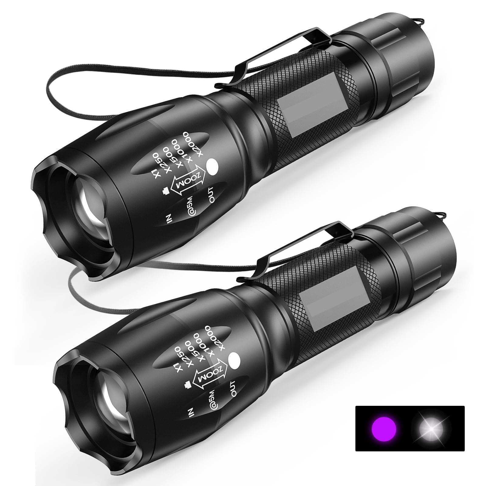 MOWETOO 2 in 1 LED Flashlight with UV Bulk Light and White Light 2 Pack