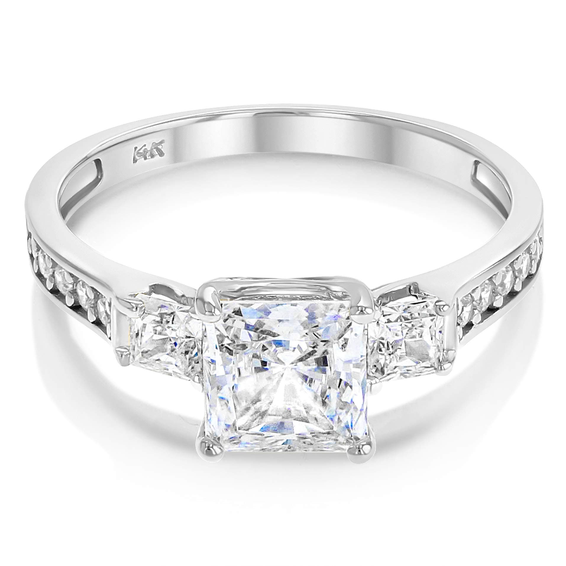 - 14K Solid White Gold 1.5 Ct. Princess Cut 3 Stone CZ Engagement Ring With Stones in Band - Size 4