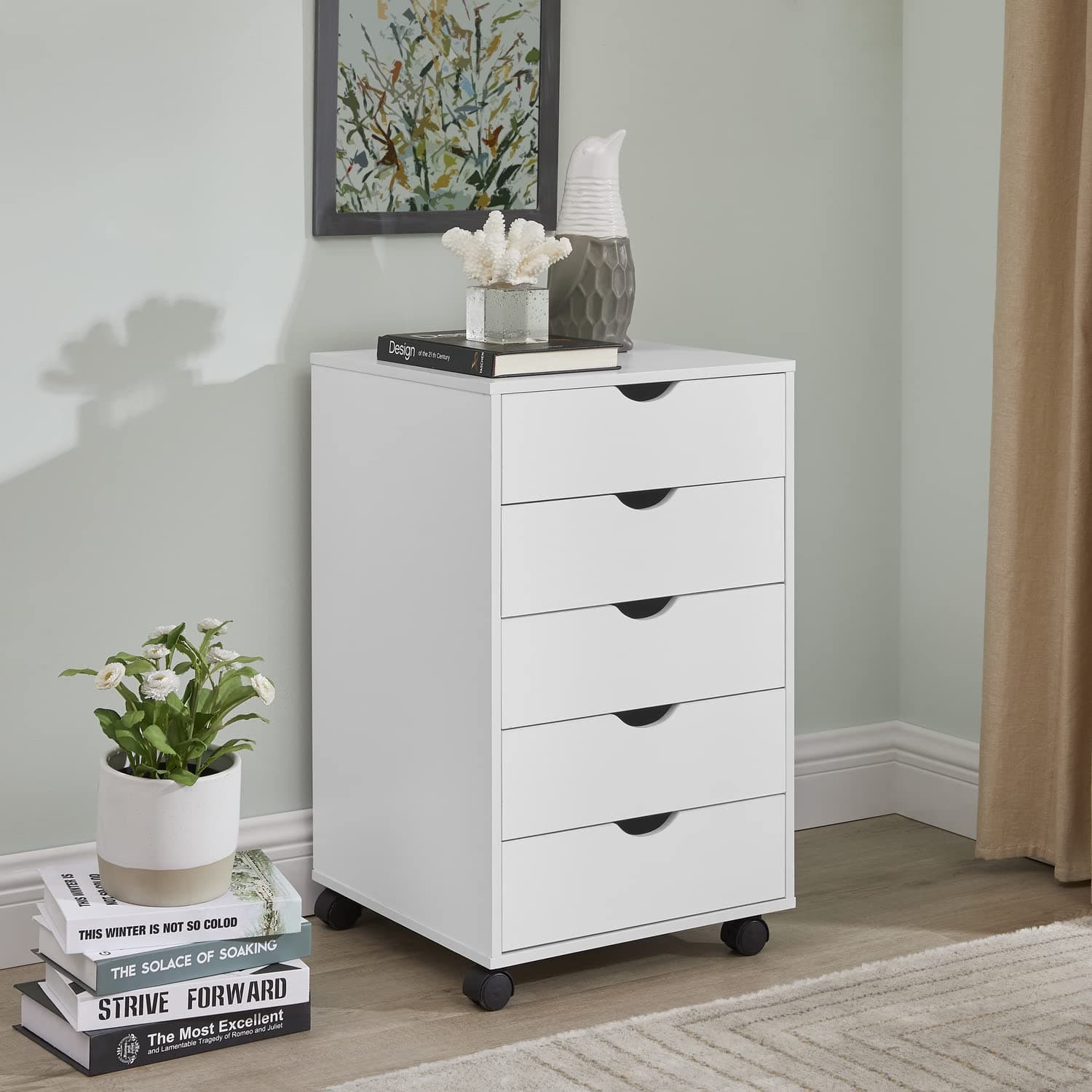 Naomi Home 5-Drawer Storage Unit, White, Compact with Locking Casters, 200 lbs Capacity