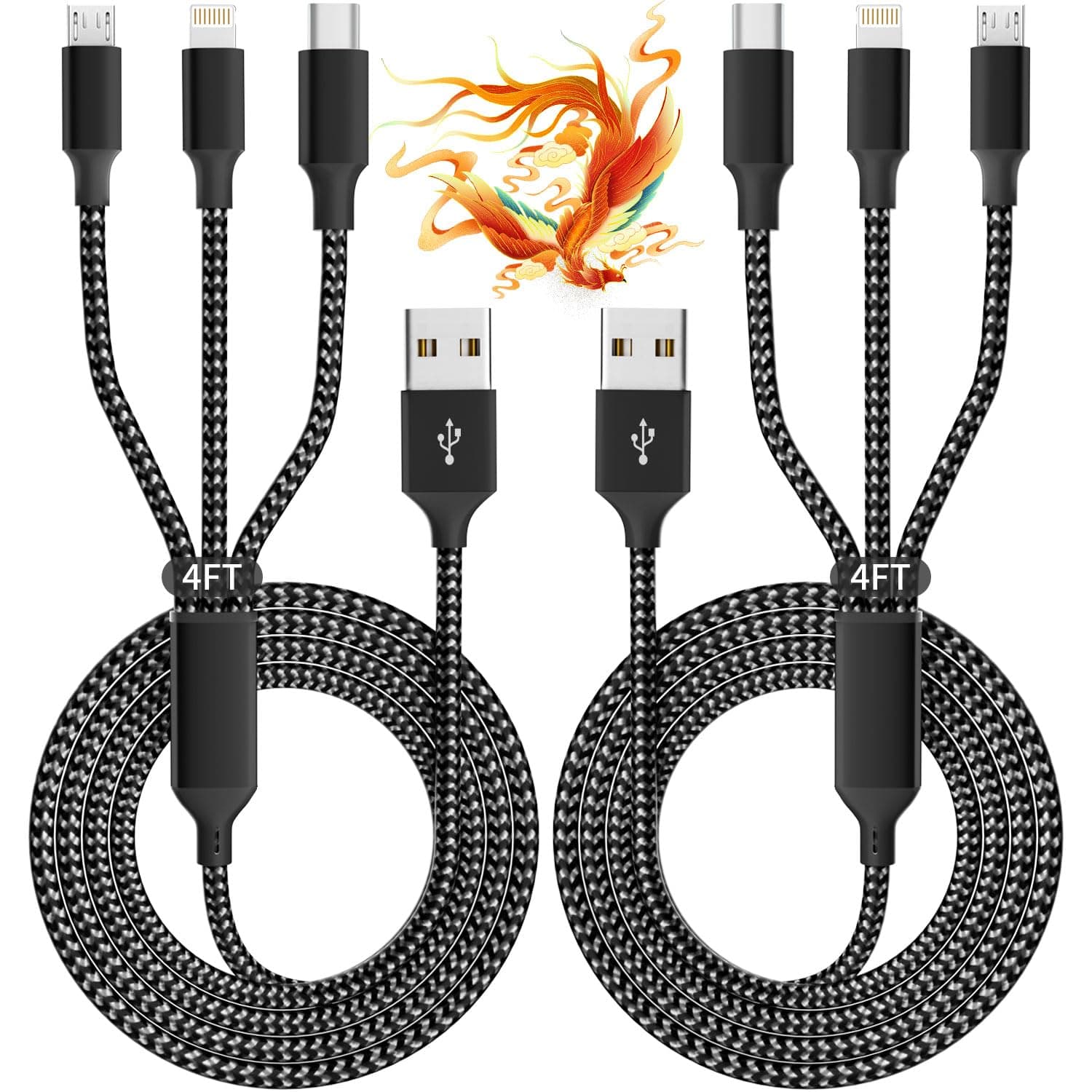 IDISON Multi Charging Cable(2Pack 4FT), 3 in 1 USB Charging Cable for Multiple Devices, Braided Universal Phone Charger Cord with Type-C, Micro USB, IP Port for iPhone17/16/14/Android Phones and More