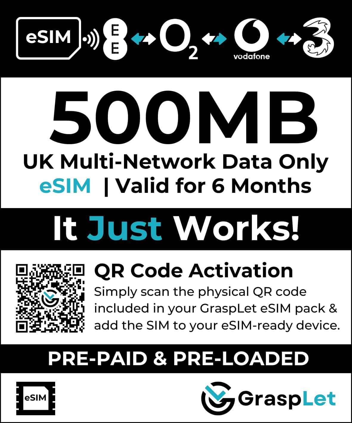 UK Multi-Network Data-Only eSIM | 6-Month Validity | Auto-Connects to Strongest Network: EE, Three, O2, or Vodafone | Compatible with eSIM Devices (500 MB - 6 Months)