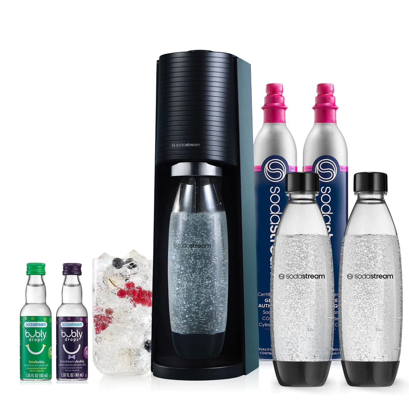 SodaStream - Terra Sparkling Water Maker | Value Bundle | CQC CO2 System | 2 CO2 Cylinders, 3 32 fl oz (32 fl oz) Dishwasher Safe Bottles, 2 Frothing Flavor Drops | Pair with Pepsi Flavor | Black