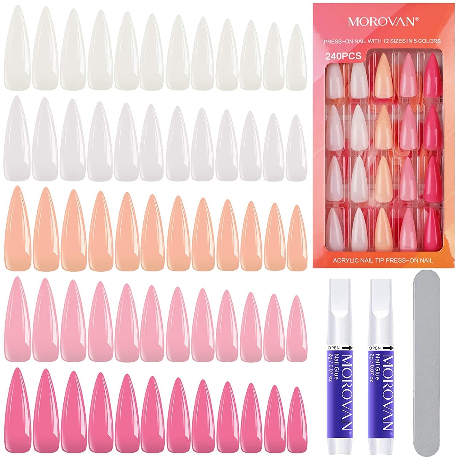Morovan Coffin Press On Nails Medium Length Neutral Press On Nails Acrylic Press On Nails Short Medium Fake Nails With Glue Short Nails Glue On 240 PCS bulk Acrylic Press On Nails With Nail File