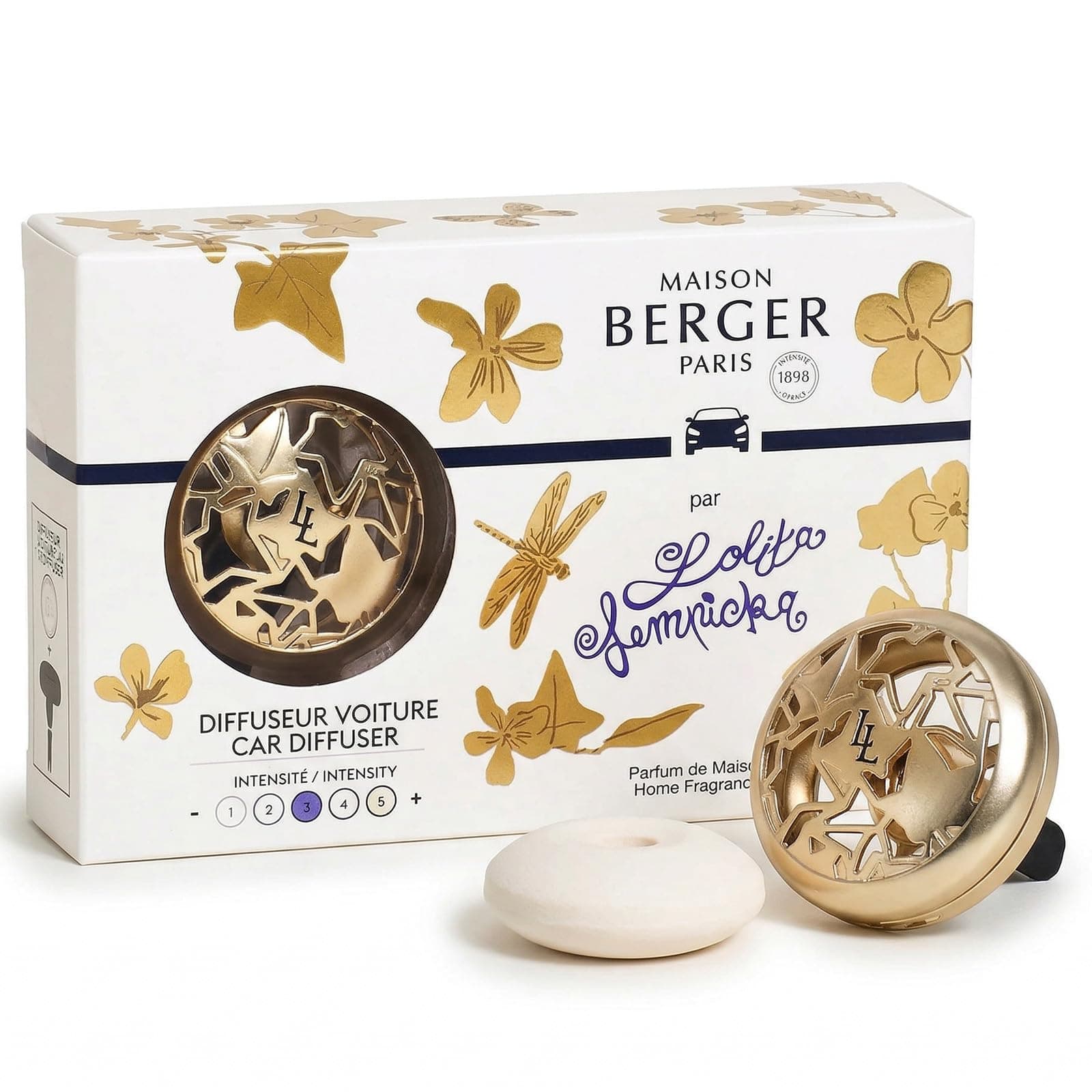 Car Diffuser Set – Refillable Vent Clip, Ceramic Refill, Made in France - Luxury Auto Scent - 4-Week Diffusion - Elegant Air Freshener for All Car Vents (Lolita Lempicka Satin Gold)