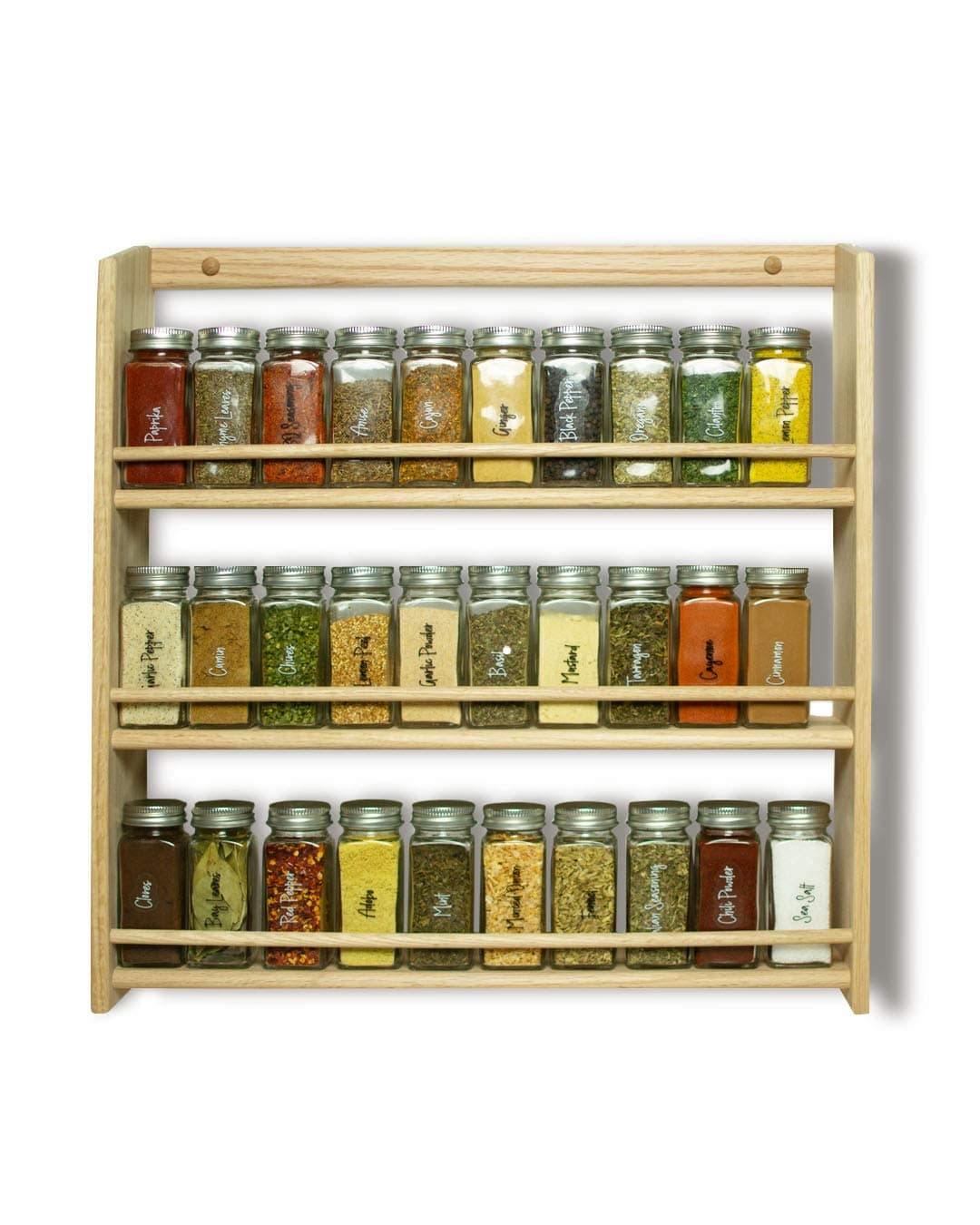 EMS Solid OAK Wood Spice Rack Organizer, 3 Tier Wall Mounted - Seasoning Storage for Pantry and Kitchen - Natural Finish (20.5"H x 20"W x 4.75"D)