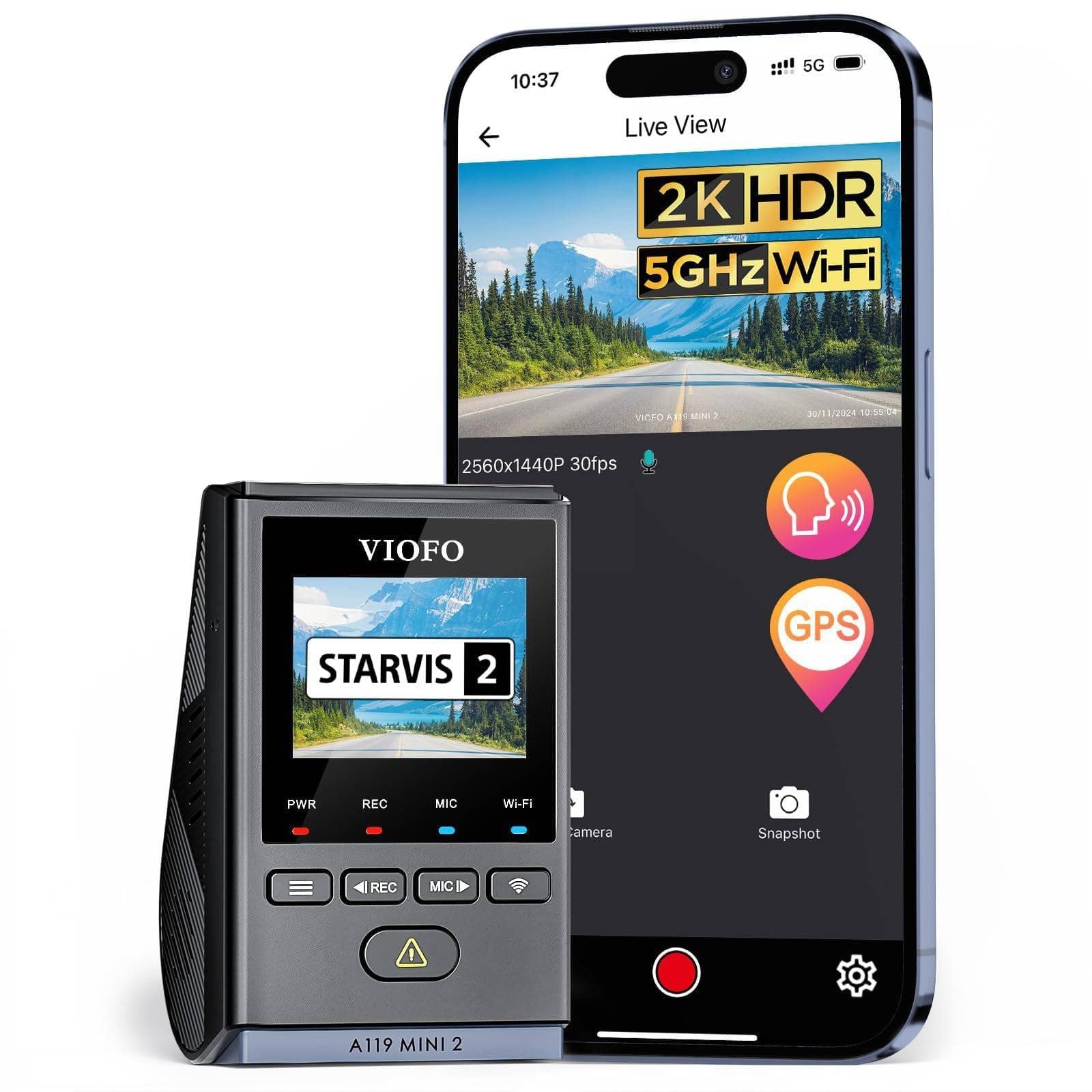 Dash Cam A119 Mini 2, STARVIS 2 Sensor, 2K 60fps/HDR 30fps Voice Control Car Dash Camera with 5GHz Wi-Fi GPS, Night Vision 2.0, 24H Parking Mode, Supercapacitor (SD Card Not Included)