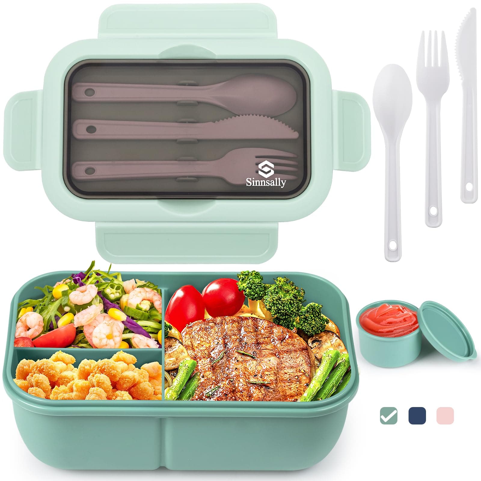 Sinnsally Bento Lunch Box Kids,1250ml Stackable Packed Lunch Boxes for Adults,Food Container with 3 Compartments and Cutlery Set,Layered Lunchbox,Leakproof,Rectangle,Microwave/Dishwasher Safe(Green)