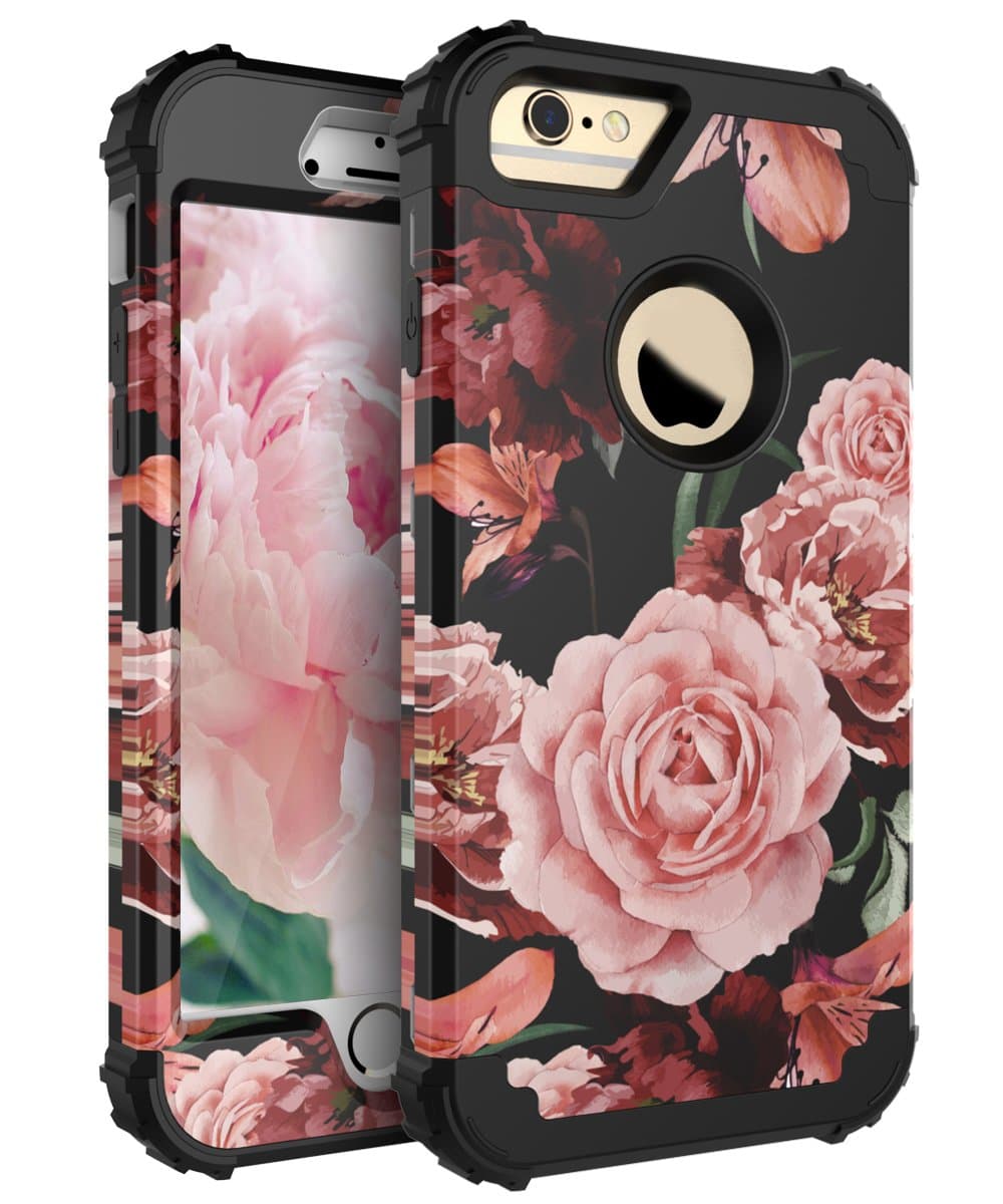 RabeMall Case iPhone 6S Plus,Case iPhone 6 Plus Pretty Flowers Girls/Women Anti-Fingerprint Scratch-Resistant Three Layer High Impact Resistant Hybrid Protective Cover,Floral Black