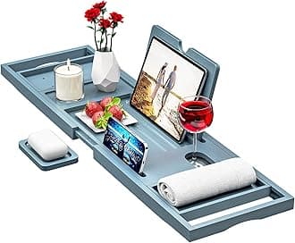 Premium Bamboo Bathtub Caddy - Expandable Size, Fits Most Bath Tubs - Grey