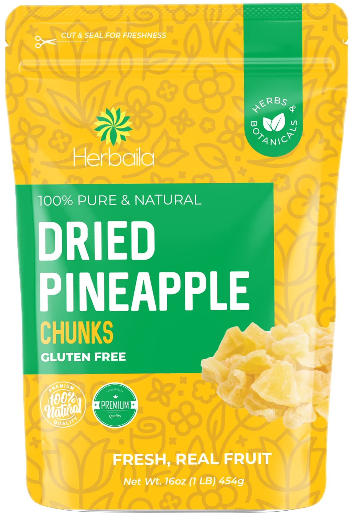 Herbaila Dried Pineapple Chunks, 1 Pound. Dehydrated Pineapple Chunk, Dehydrated Pineapple Bulk, Dried Pineapple Bits. All Natural, Non-GMO, Lightly Sweetened Dried Pineapples, 16 oz.