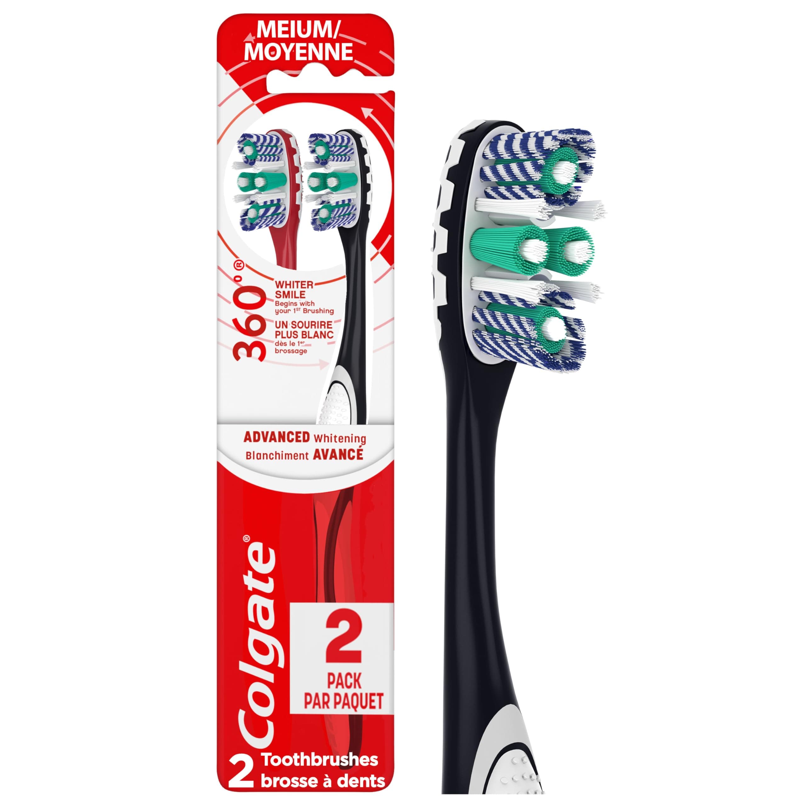 360Ã‚° Advanced Optic White Toothbrush, Medium - 2 Count
