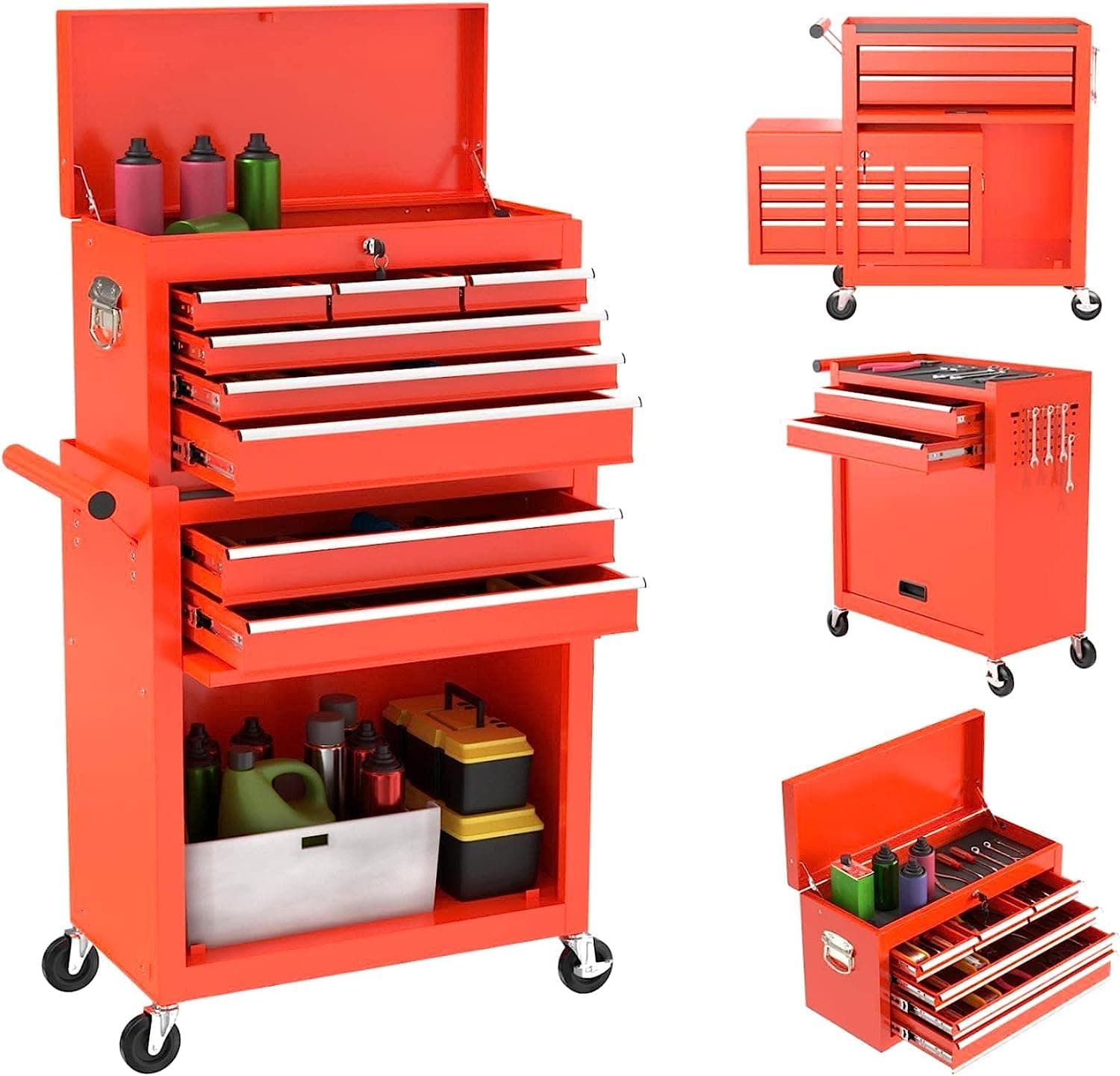 8-Drawer Large Capacity Tool Chest&Tool Box with 2 Handles, Rolling Tool Chest with 4 Hooks&Wheels, Locked Tool Storage Organizer, Tool Cabinets on Wheels for Warehouse, Repair Shop(Red)