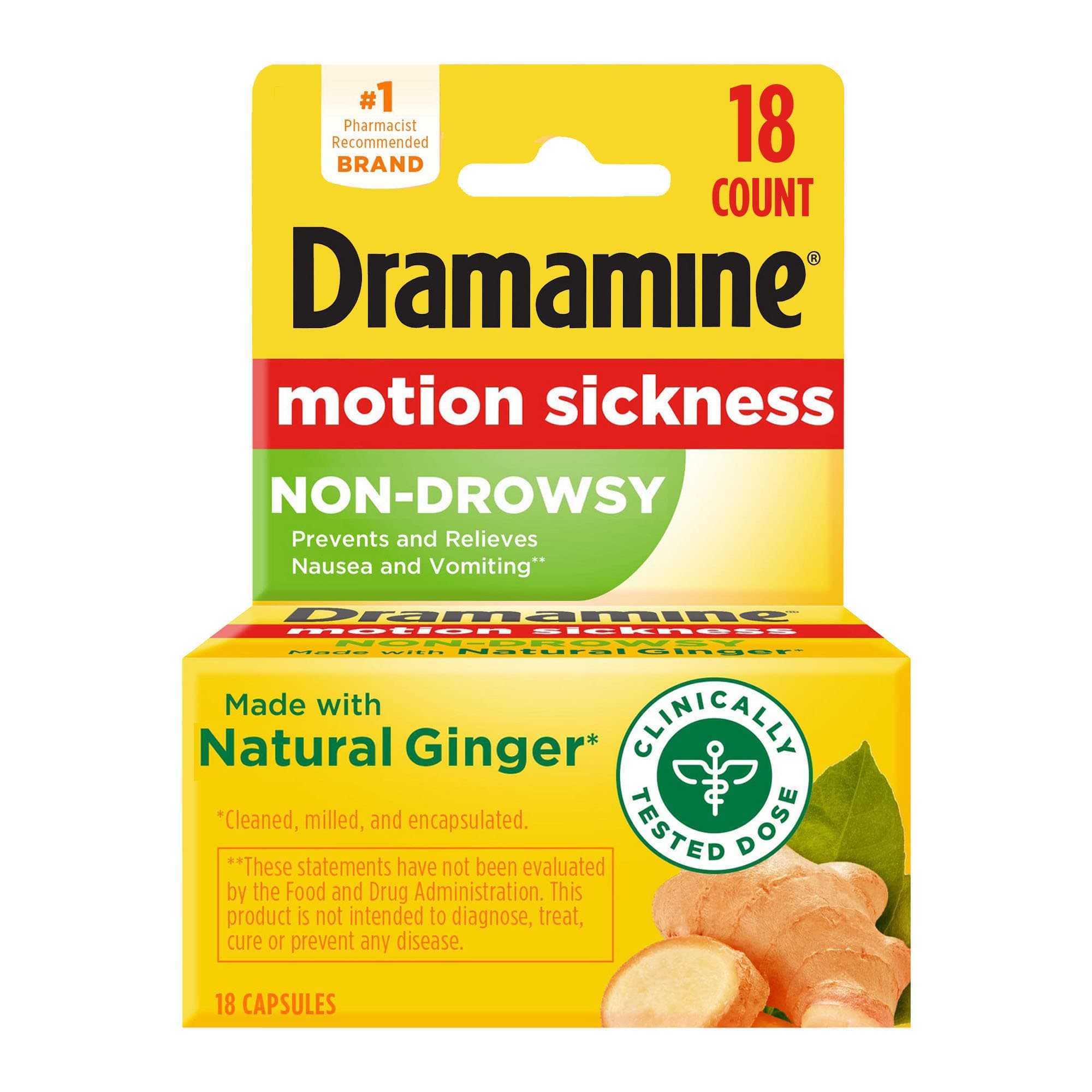 Dramamine Motion Sickness Raspberry Cream Chewable Tablets 12 Count 2 Pack and Ginger Capsules 18 Count