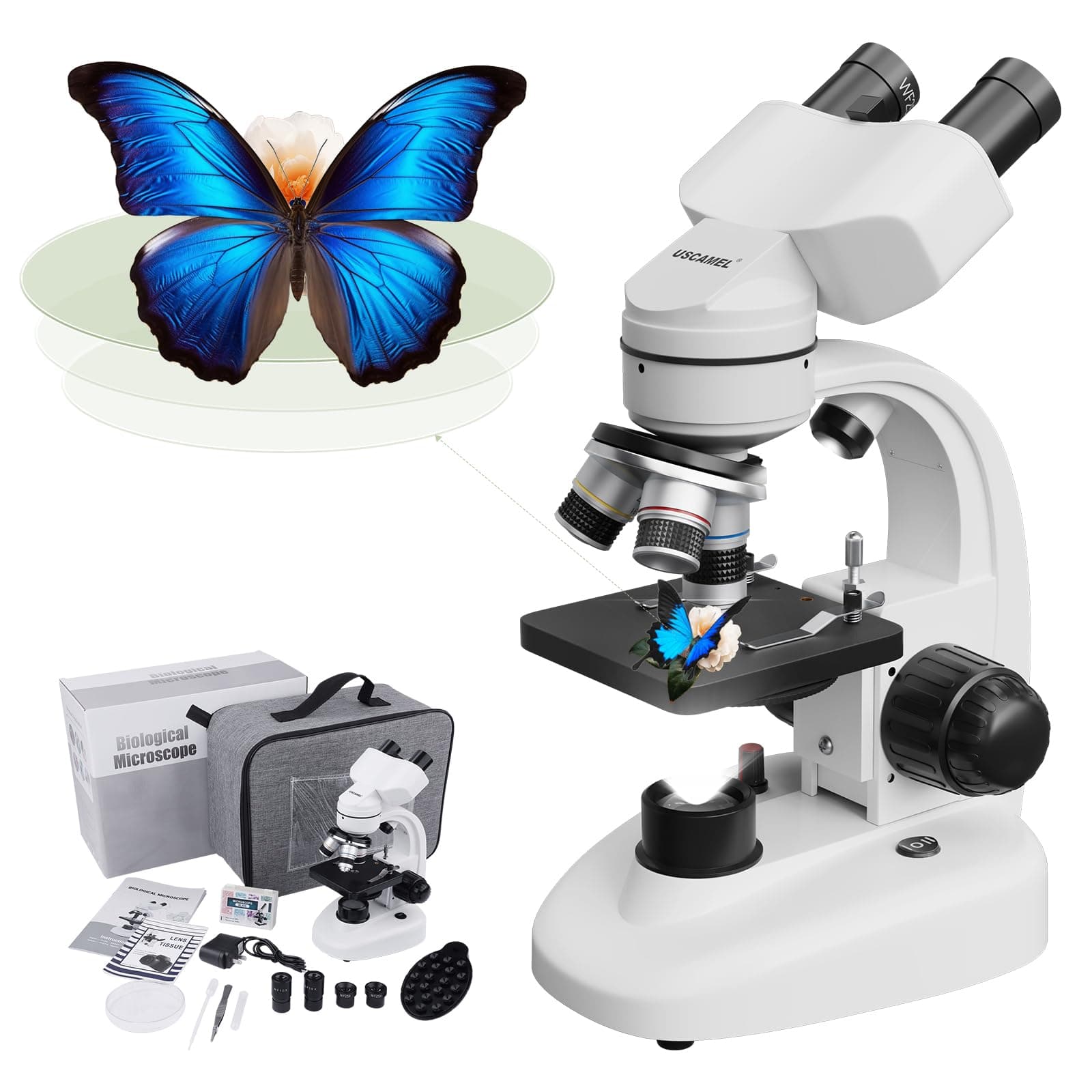 USCAMEL40X-1000X Magnification LED Binocular Compound Microscope,Professional Compound Microscope with Wide-Field 10X 25X Eyepieces,Microscope Slides,Phone Adapters,Cleaning Paper