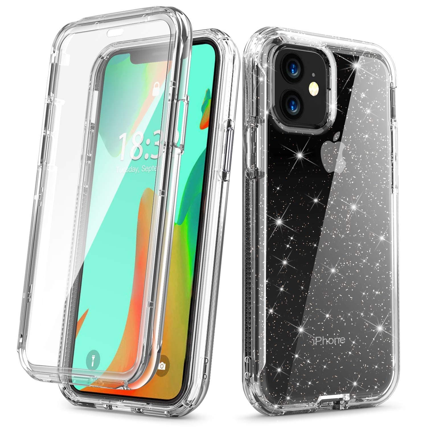 Vooii iPhone 11 Case, Anti-Scratch Clear iPhone 11 Case [Glitter Bling Crystal Quartz Design with Built in Screen Protector] Soft TPU Full Body Protective Case for iPhone 11, Clear-Glitter