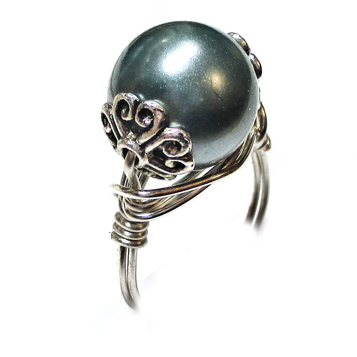 Slate Gray Shell Pearl Handmade Copper-Gold-Silver Solitaire Wire Wrap Womens Ring Jewelry Gift for Her Hand-Crafter in USA