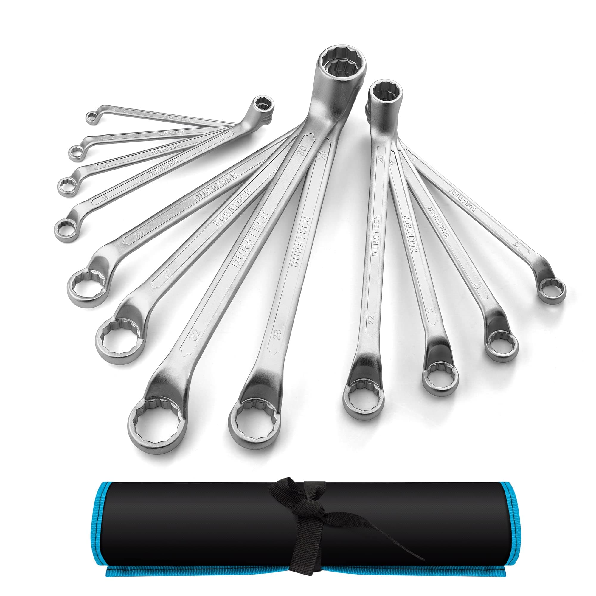 12-Piece Offset Double Ring Spanner Set 6-32 mm, Metric Box End Wrench Set, Chrome Vanadium Steel, Matte Chrome-Plated, DIN 838, 75-Degree Offset, 12-Point, with Carry Pouch