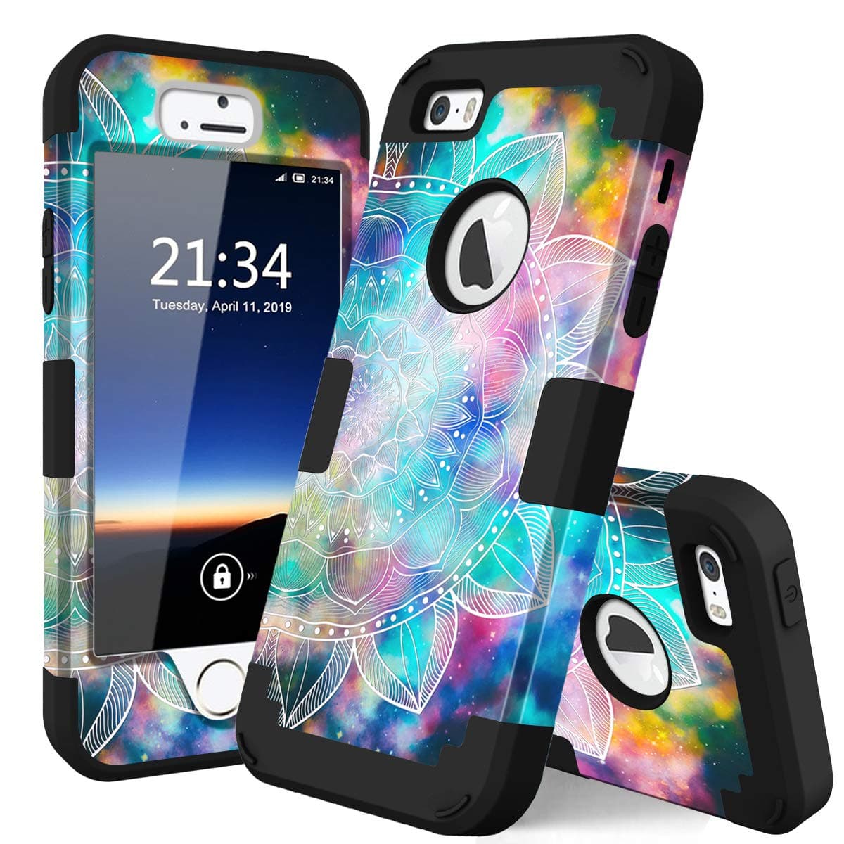 iPhone 5s Case,iPhone SE case,iPhone 5 case,PIXIU Unique Hybrid Dual Layer [Hard PC+ Soft Silicone] Impact Full-Body Shockproof Protective Case for Apple iPhone 5s/5/SE Mandala Flower