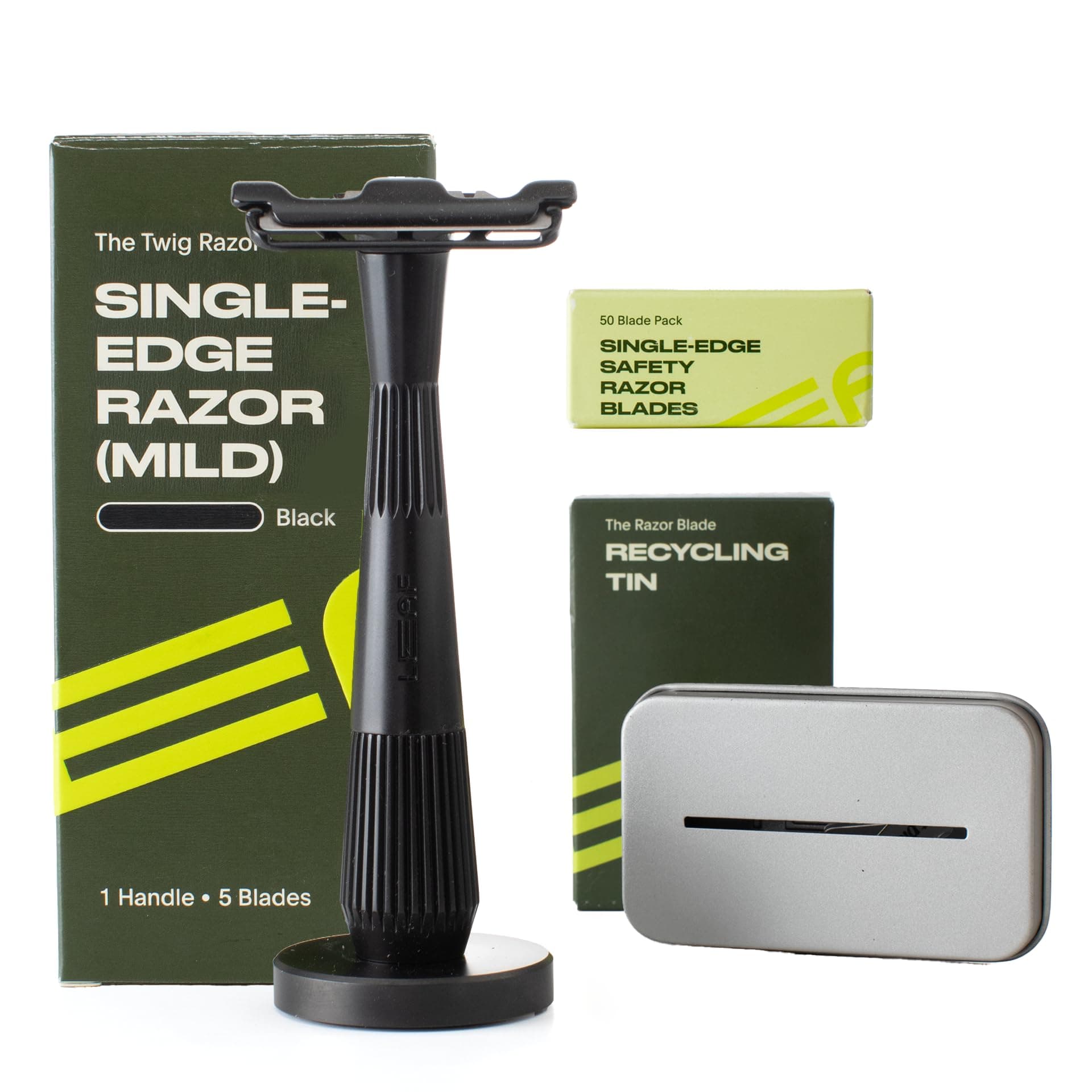 Leaf Twig Razor Set, Includes Twig Razor, Matching Stand, 50-Pack Single-Edge Blade Refills, and Blade Bank - Black