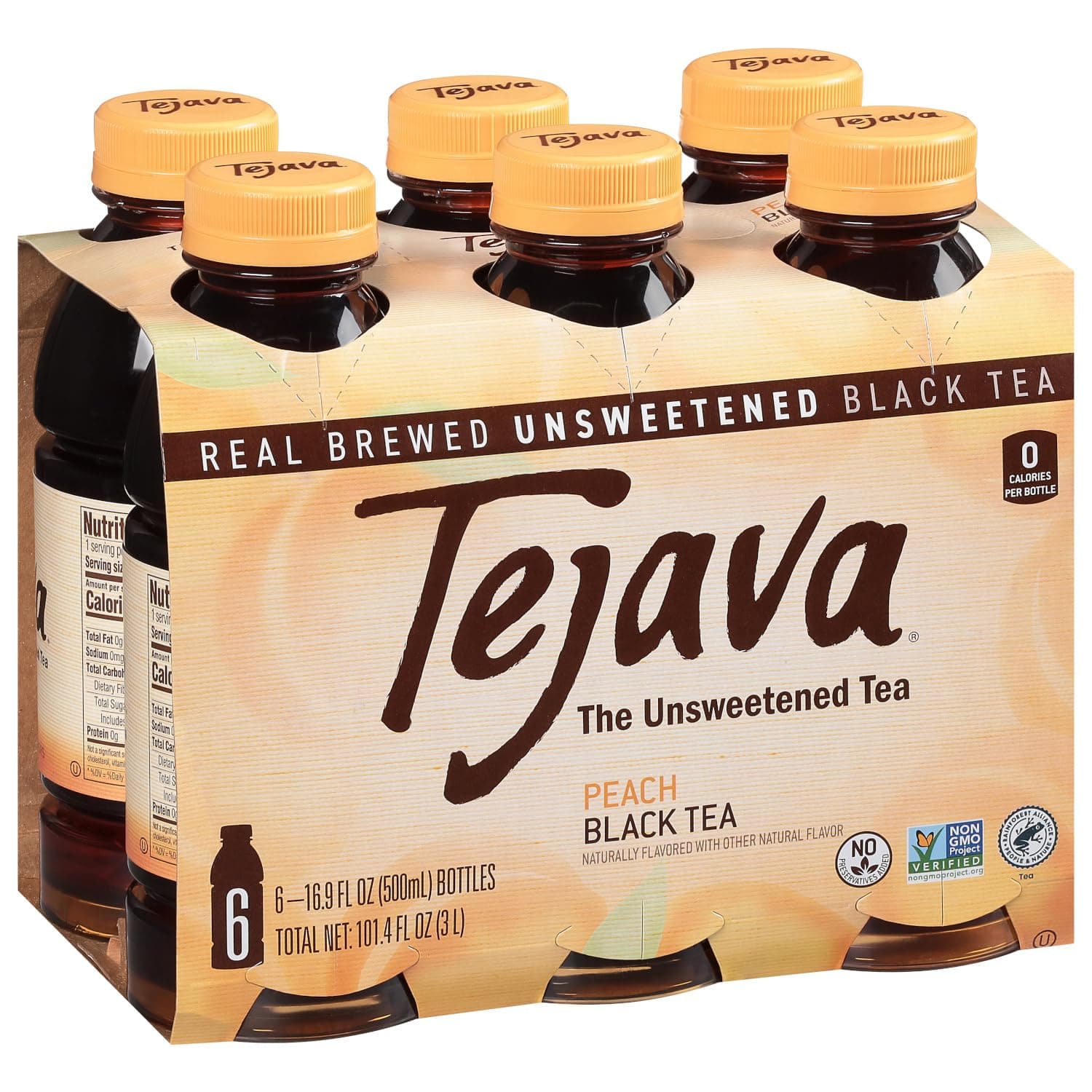 Tejava Peach Black Tea, 6 Pack 16.9 oz PET, Unsweetened, Ready-to-Drink Premium Iced Tea