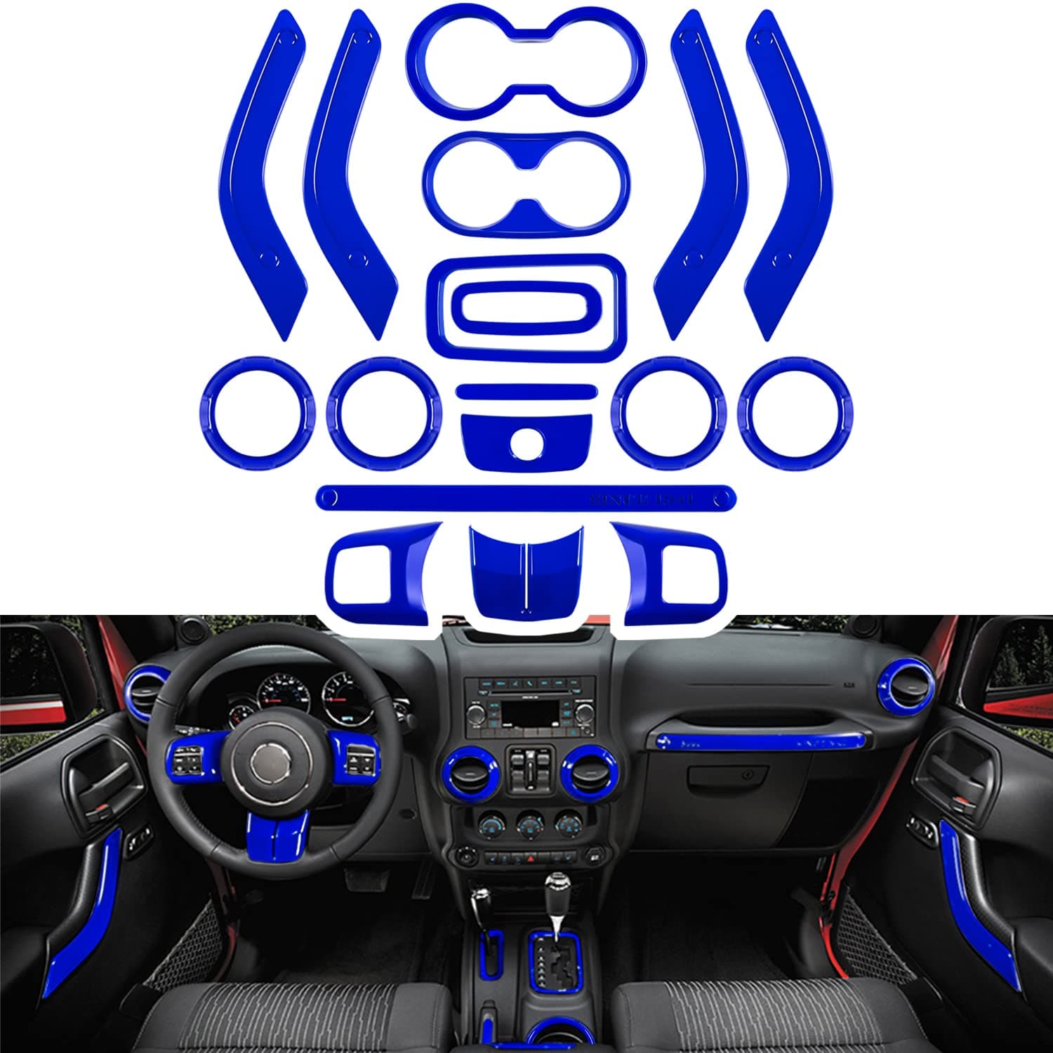 E-cowlboy 18 PCS Full Set Interior Decoration Trim Kit Steering Wheel Center Console Door Handle Air Conditioning Vent Cup Holder Gear Cover Trim for Jeep Wrangler JK JKU 2011-2018 4-Door (Blue)