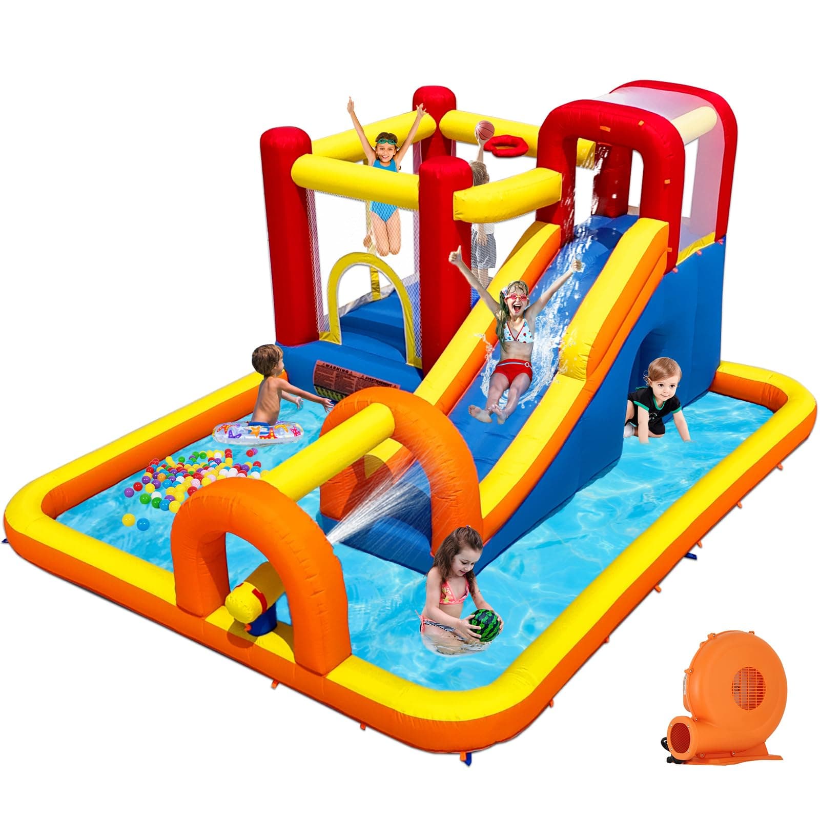 Inflatable Bounce House Water Park with Long Water Slide & Large Splash Pool Fits 5 Kids, Endless Fun of Jumping, Sliding, Climbing - Extra Cave and Tunnel Adventure and Water Cannon