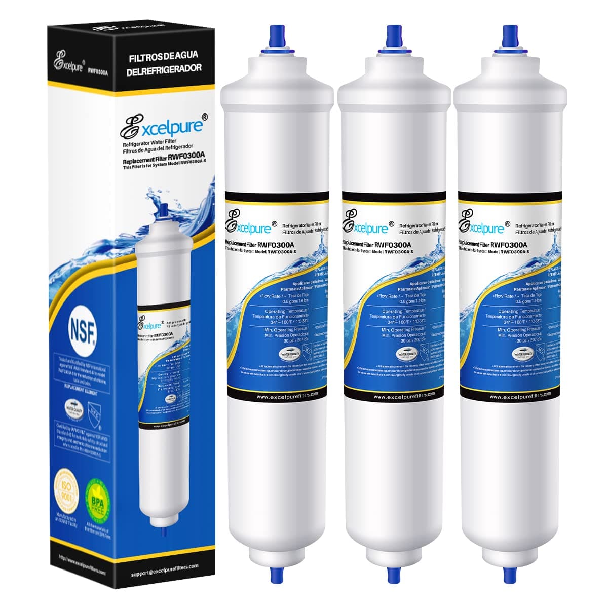 EXCELPURE RWF0300A Inline Water Filter Replacement for GE GXRTDR, 4378411RB, Samsung HAFEX/EXP, DA29-10105J, Whirlpool WHKF-IMTO, IC-100A, For Refrigerator, IceMaker, RVs, Marines, 3PACK