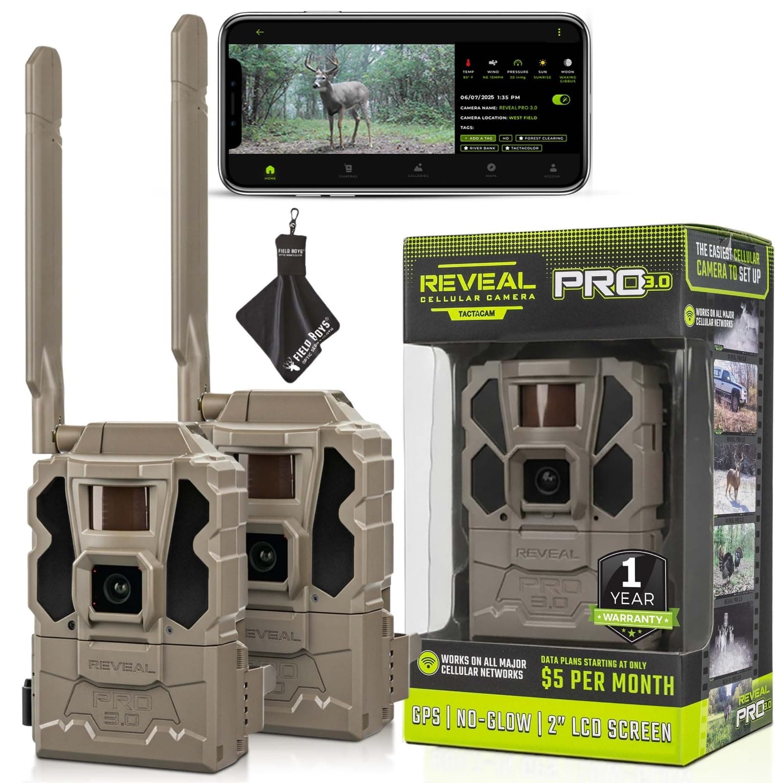 Reveal Pro 3.0 Cellular Trail Camera - Multi-Cellular Network, GPS, 2" LCD, No-Glow IR, Wi-Fi Enabled, HD Photos & 1080p Videos, Fast Trigger with Cleaning Cloth (2PK)