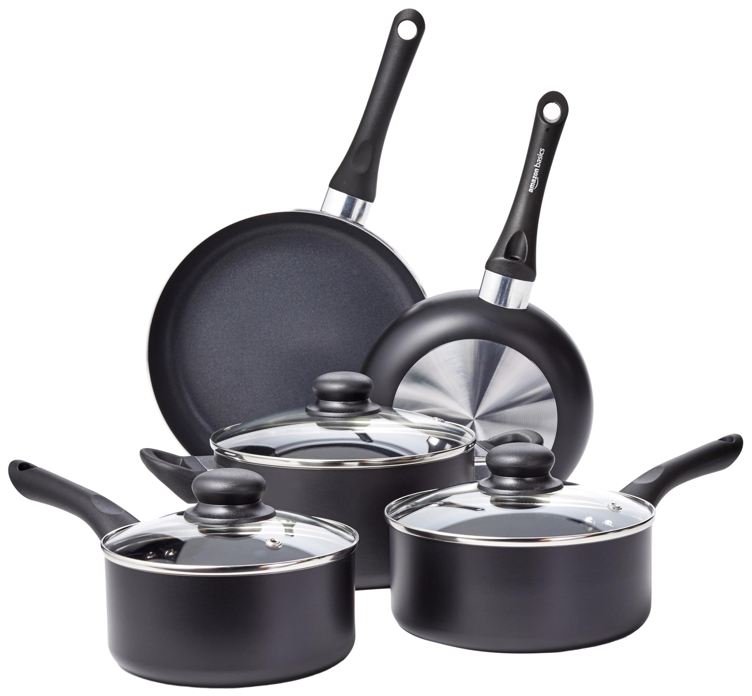 Amazon Basics Non-Stick Kitchen Cookware 8-Piece Set, Non-Induction, Includes Pots and Pans, Black