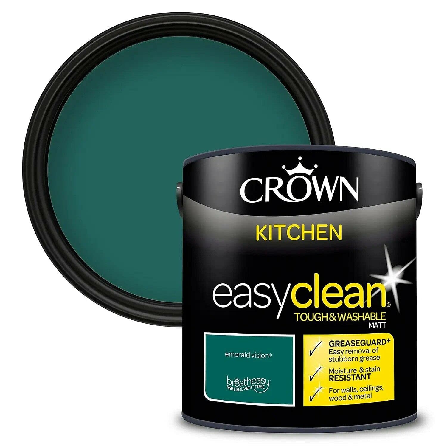2.5L CROWN Easyclean Kitchen MATT Emulsion Multi Surface Paint With GREASEGUARD+ That can be Used on Walls, Ceilings, Wood and Metal. Stain & Scrub Resistant Formula – Emerald Vision