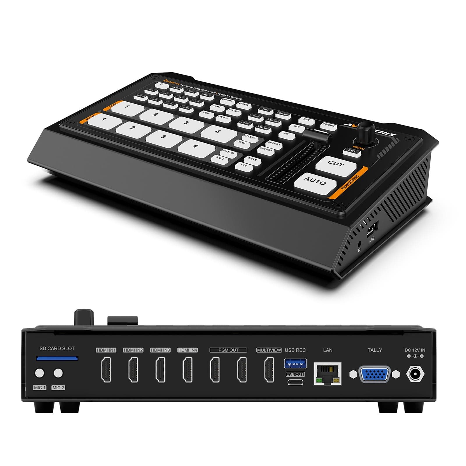 AVMATRIX Multi Camera Video Switcher for Live Streaming, 4CH HDMI Inputs, 6CH Audio Mixer Swither, USB/SD-Card Record, Ethernet & USB Output Live Streaming Shark H4
