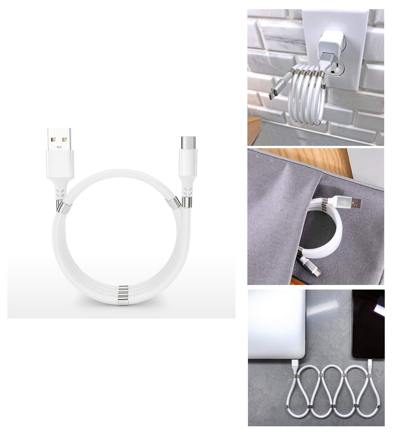 Magic Rope Magnetic Data Cable USB C, Self Winding USB A to USB Type C Charging Cable, 360 Degree 3 in 1 Easy Coil Magnetic Absorption Data Charger Cable (3 FT/0.9M)