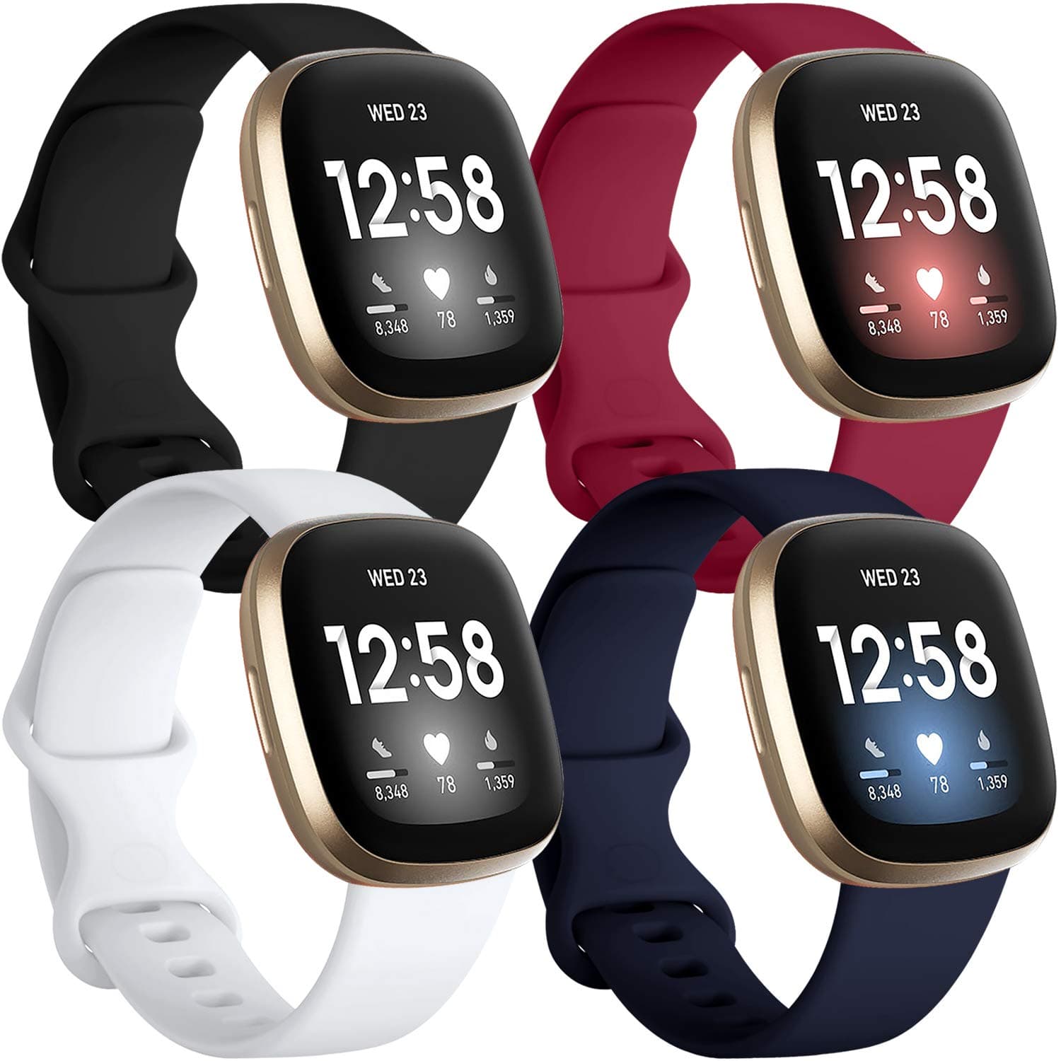 Compatible with Fitbit Sense 2/ Sense Bands/Versa 3/ Versa 4 Band Women Men, Silicone Sport Accessories, Band for Fitbit Sense/Sense 2/ Versa 4/ Versa 3 Smartwatch, Small Black/Navy/Red/White