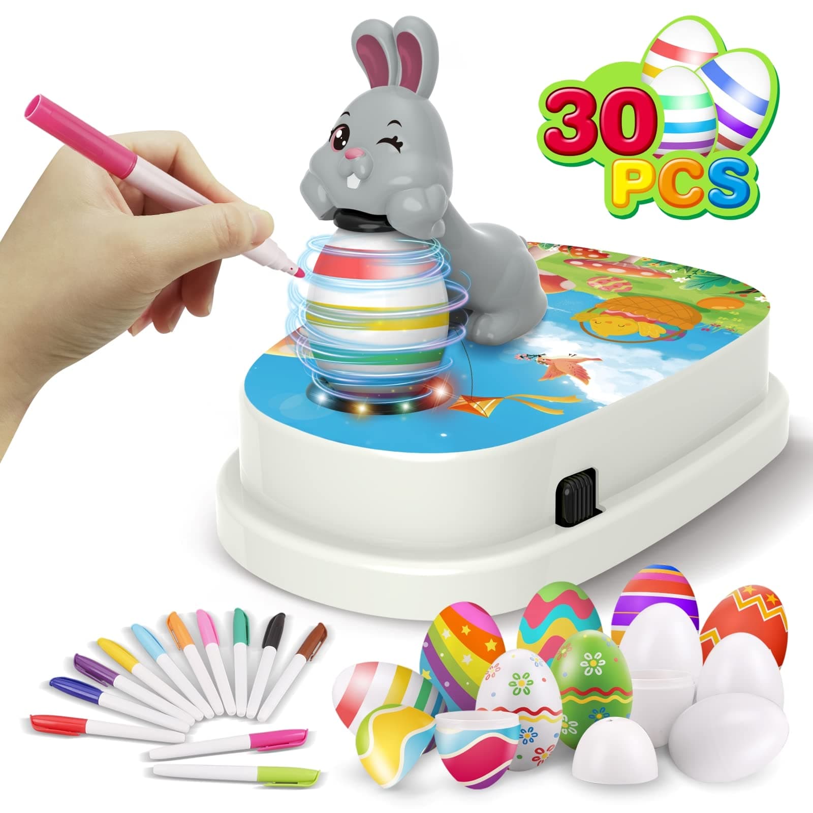 Engfa Easter Eggs Decorations Kit, Egg Decorator Spinner Easter Bunny Toy, Coloring Machine with 12 Dying Markers 30 Plastic Eggs and Slings, Easter Gift Sets for Kids Boys Girls Party