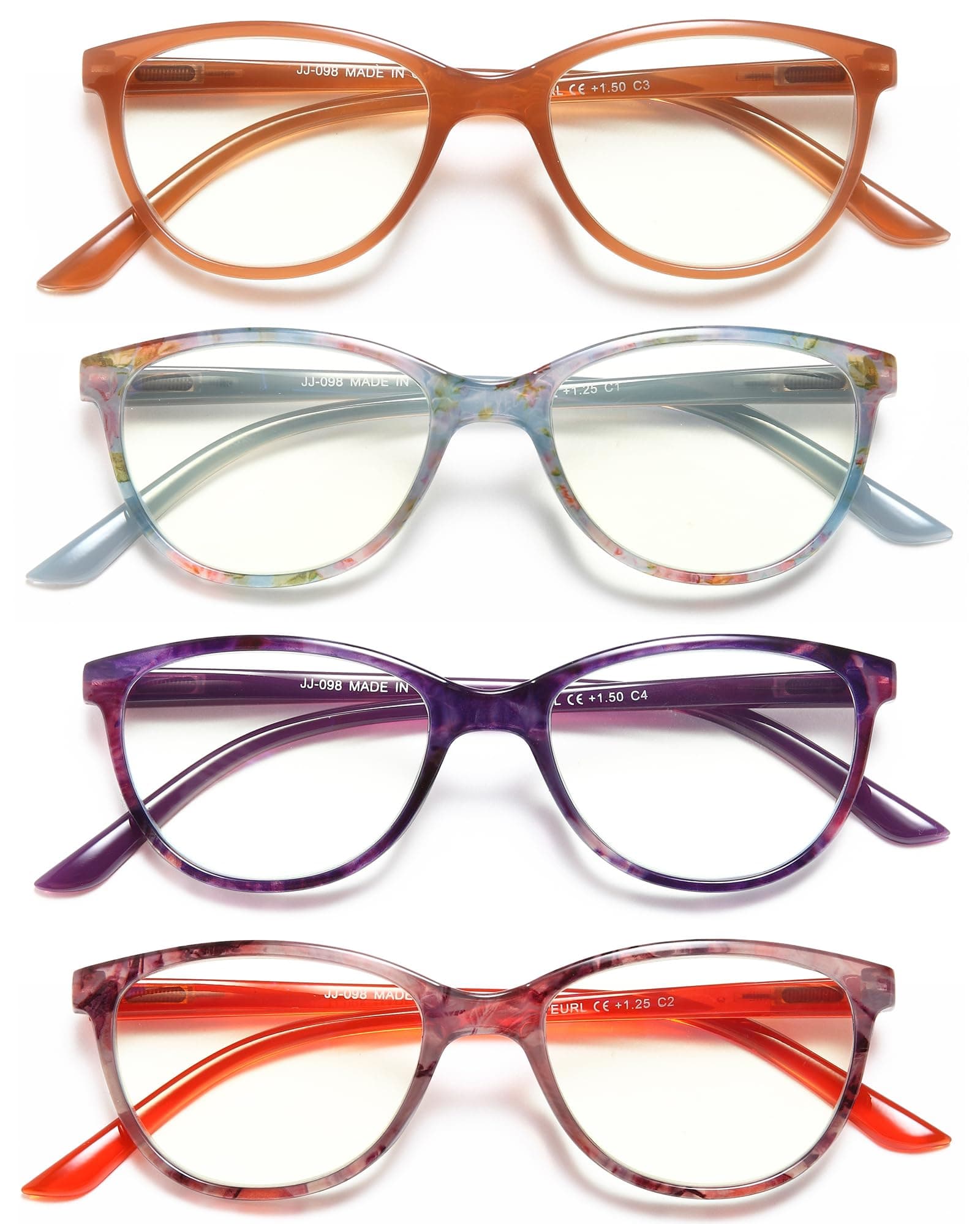 EYEURLBlue Light Blocking Reading Glasses Women, 4-Pack Spring Hinge Computer Readers,Anti UV Ray Square Nerd Eyeglasses +1.25