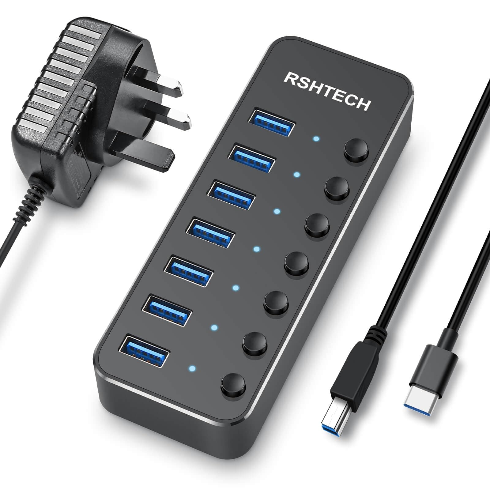 RSHTECH Powered USB C 3.0 Hub, USB C to 7-Port USB 3.0 Hub with Individual On/Off Switches with 5V/2A Power Adapter (RSH-518C)