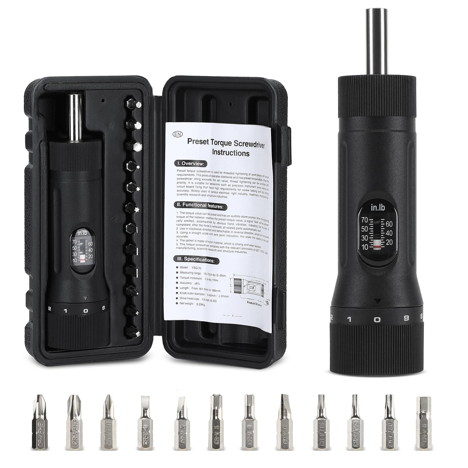 Preset Torque Screwdriver with 12 Pieces Interchangeable Bits, 1/4"" Drive Torque Screwdriver Wrench Set for Maintenance, Tools, Bike Repairing and Mounting (10-70 in-lb), Black