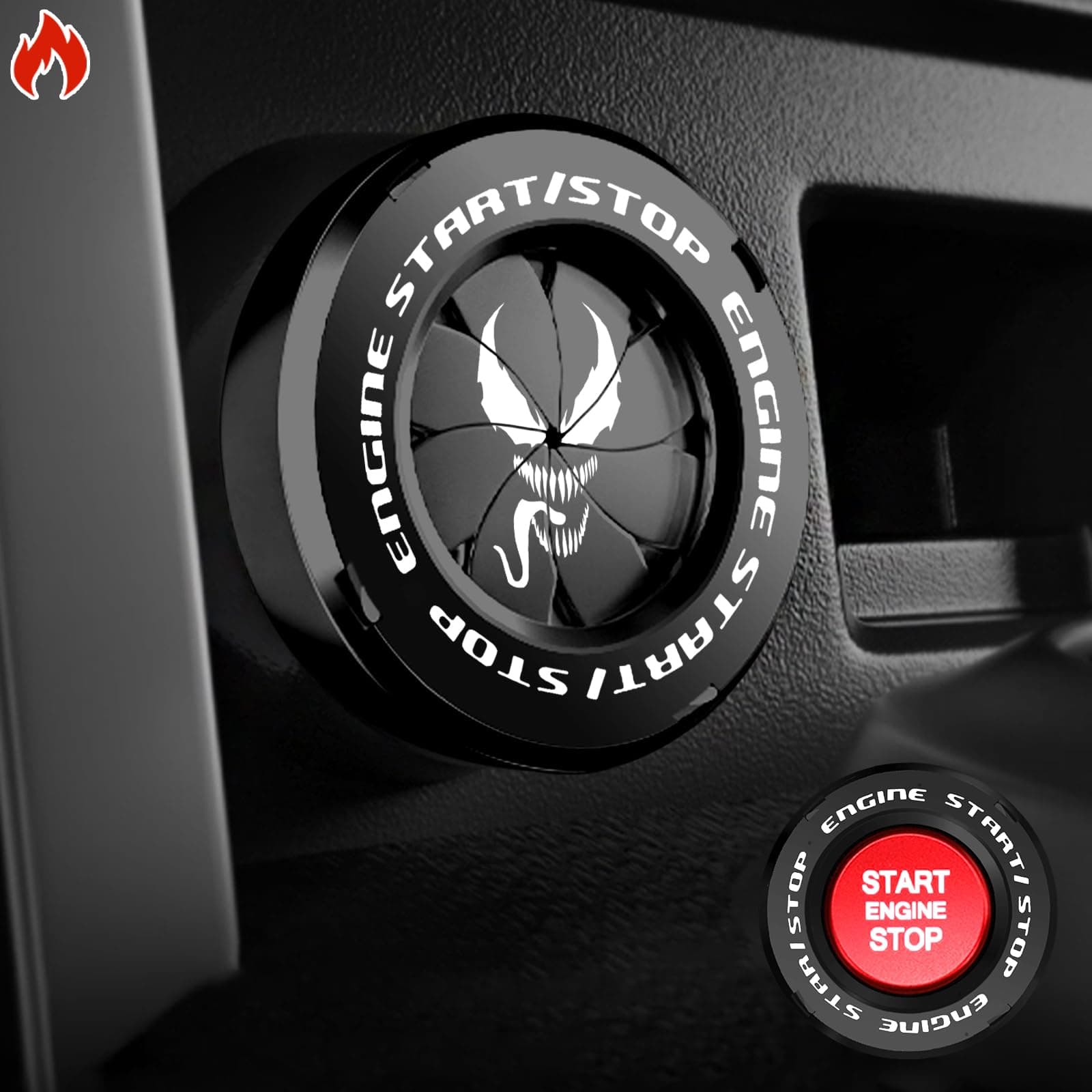 Tybasthe Push Start Button Cover, Venom Car Engine Start Stop Button Cover Protector, Cool Car Accessories Interior Decor Sticker Decal Motorcycle Key Ignition Switch Cover, Black