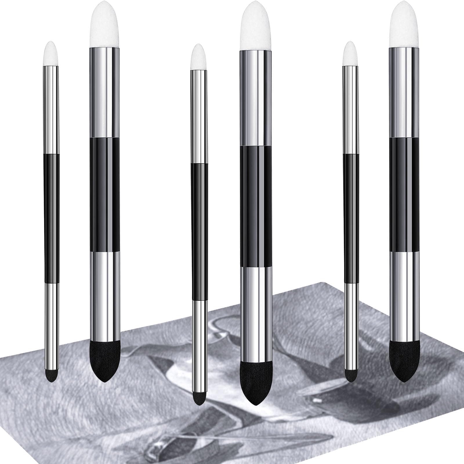 Kosiz 6 Pcs Blending Sponge Pen Double Headed Rub and Buff Washable Sketch Rubbing Sponge Brush Wipe Reusable Blending Stump Drawing Art Blenders for Artist Highlight Shadow Detail Tool (White,Black)