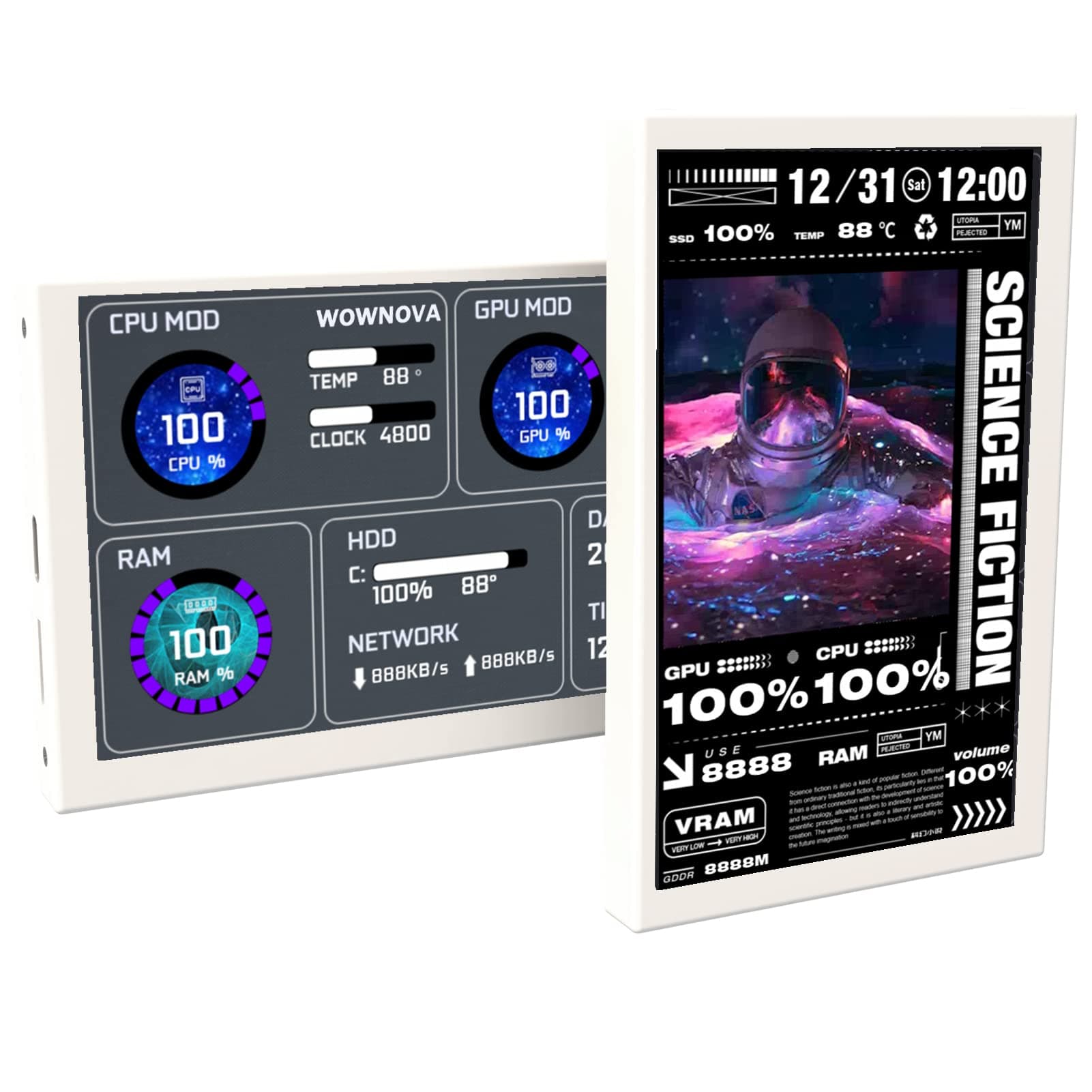 WOWNOVA 5" Computer Temp Monitor, Dynamic Theme Supported, ARGB PC Case Sensor Panel, IPS Type-C USB Mini Secondary Screen, CPU RAM HDD Data Monitor (White)