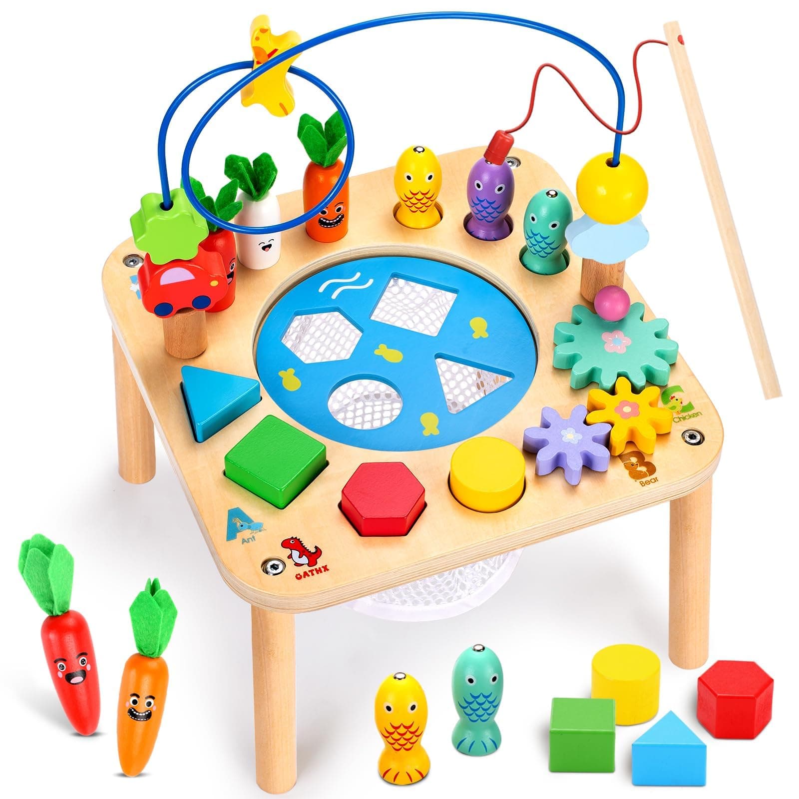 oathx Activity Table for 1 Year Old, 6 in 1 Wooden Montessori Activity Center with Bead Maze Shape Sorter Fishing Game, Kids Sensory Play Table Toddler Toys 1st Birthday Gifts Boy Girl