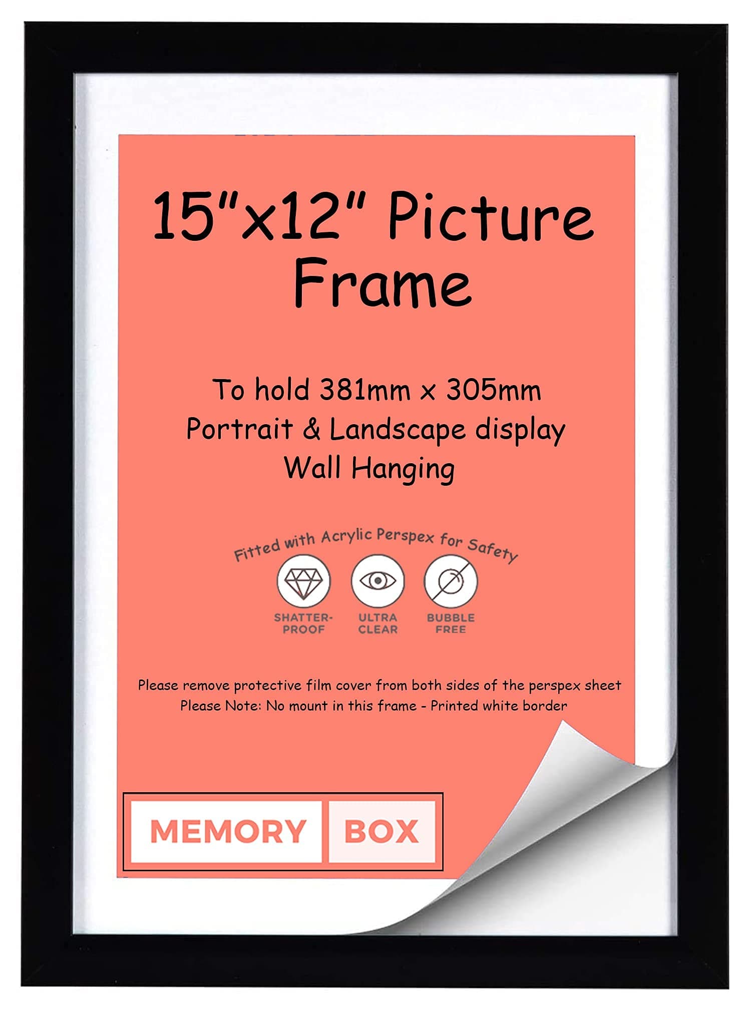 MDF 20mm Photo Frame, Picture Frame, Document frame, Certificate Frame - 15" x 12" (38.1 x 30.5cm) Black Colour - Wall Mountable