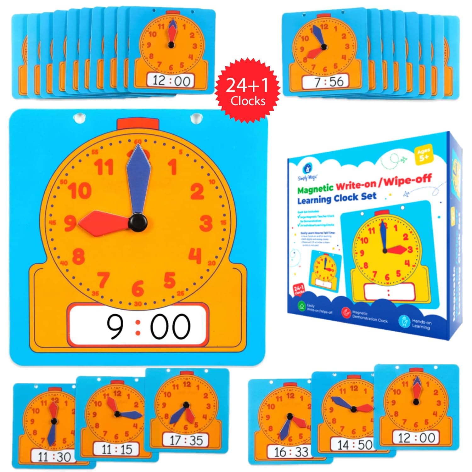 Simply Magic 24+1 Learning Clock Set - Interactive Teaching Clocks for Kids to Tell Time